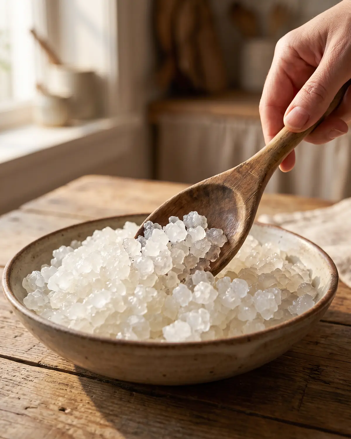 water kefir Mão a mover suavemente grãos cristalinos de kefir de água no fundo com uma colher de madeira.
