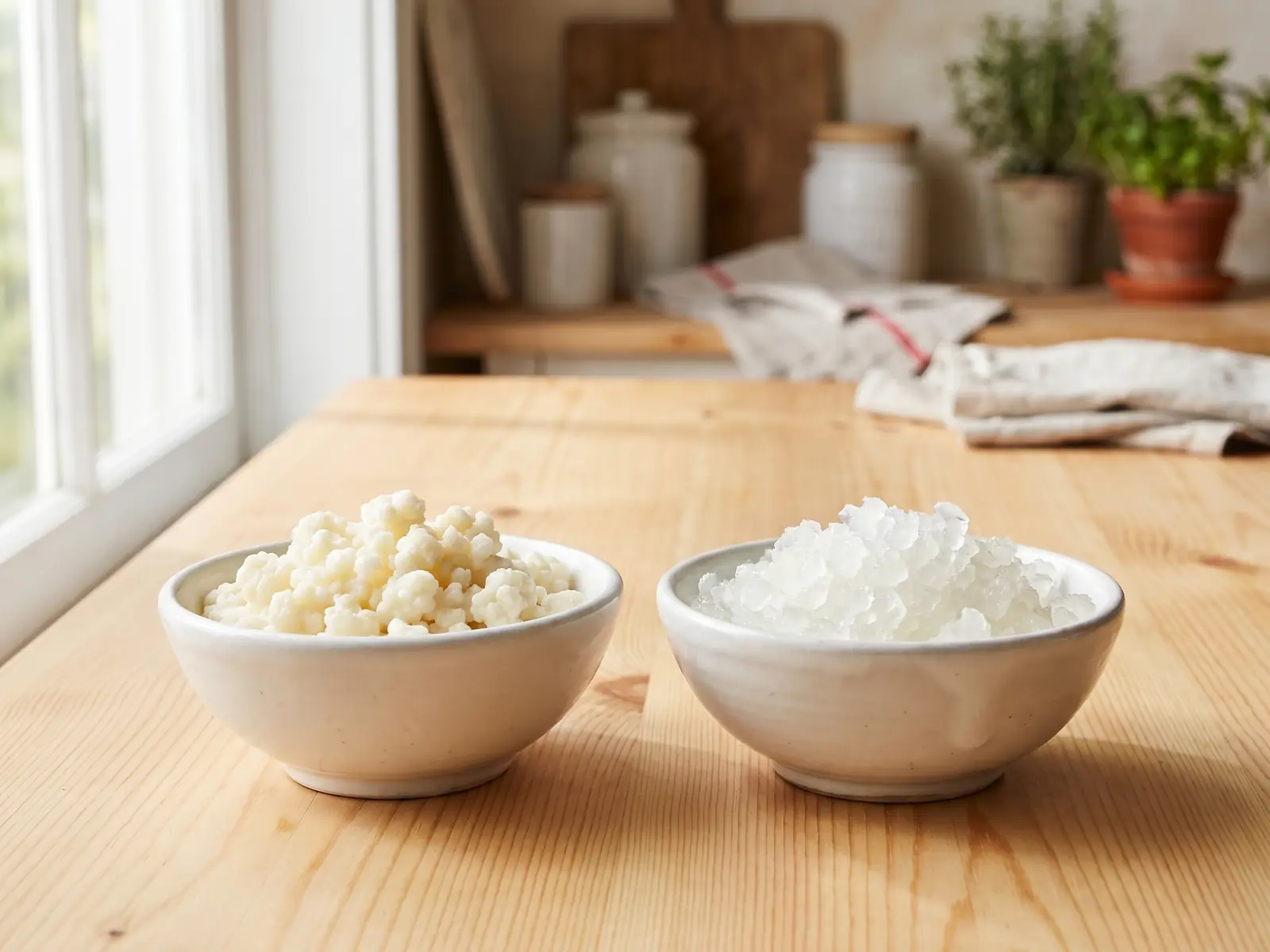 water kefir Grãos opacos de kefir de leite e grãos cristalinos de kefir de água em tigelas separados.