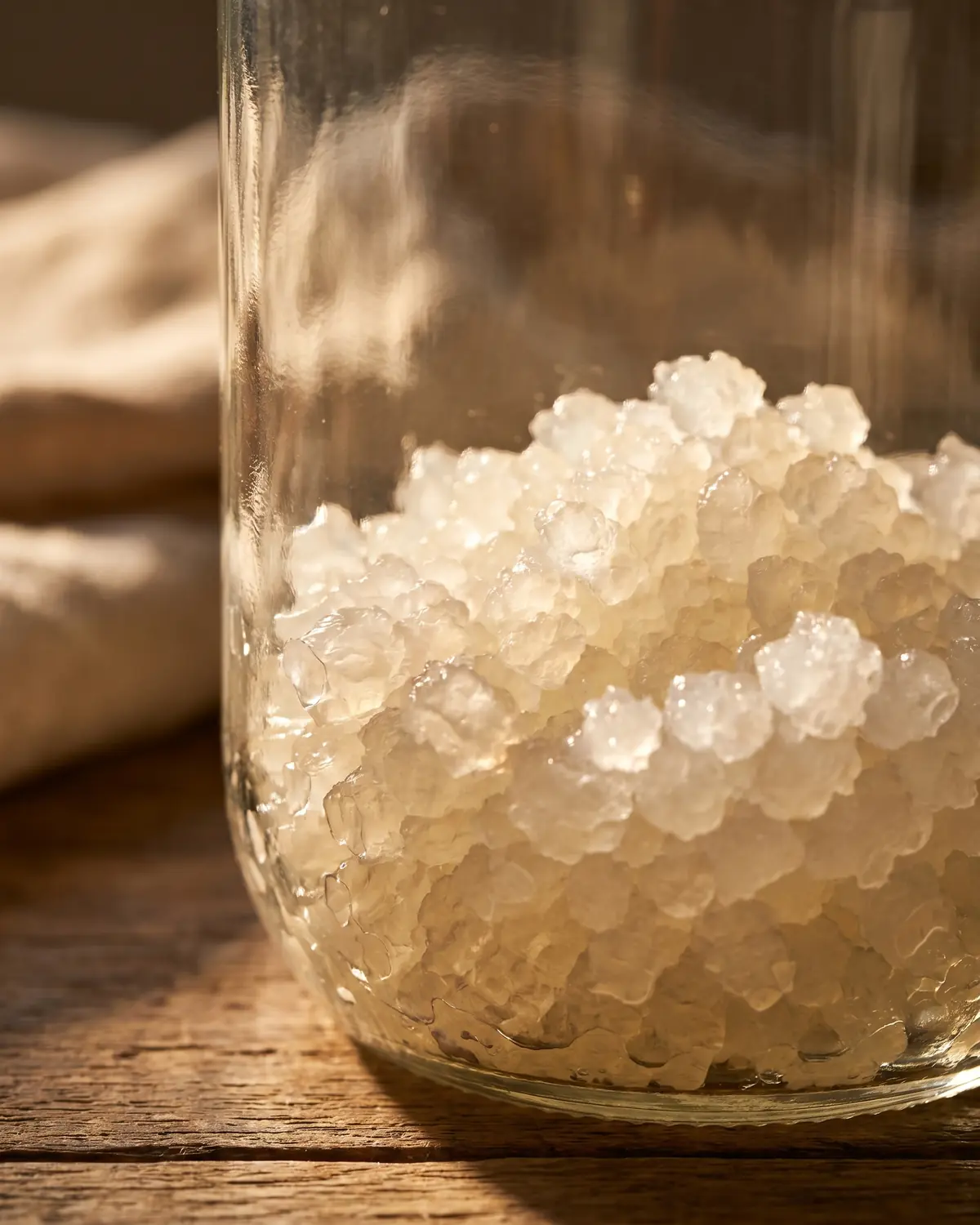 kefir de agua sabor Grânulos translúcidos de kefir de água no fundo do frasco, iluminados de lado como cristais húmidos.