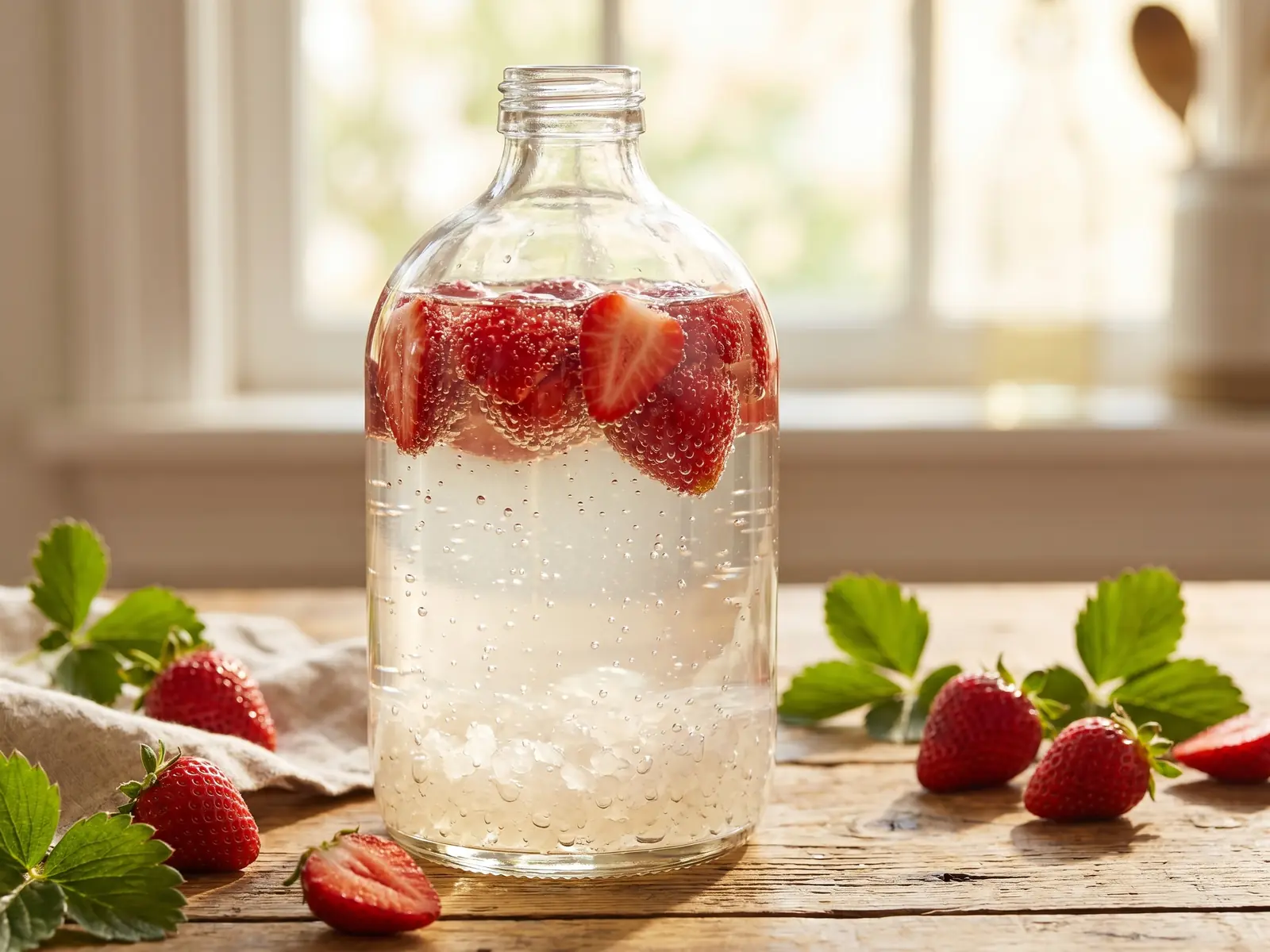 kefir de agua sabor Garrafa de kefir de água com morangos, bolhas finas e luz de verão sobre madeira de pinho.