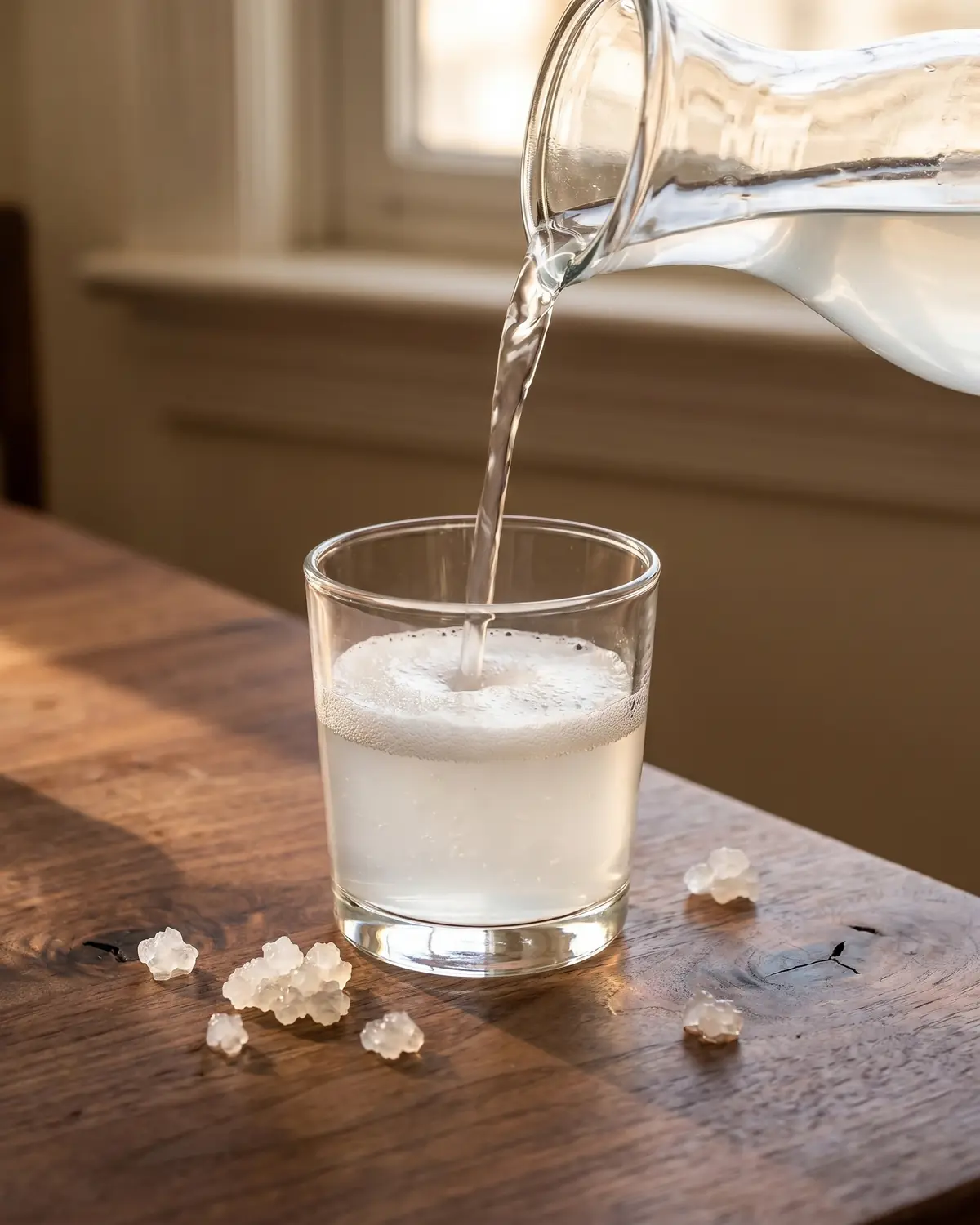 tibicos de agua Kefir de água a ser vertido num copo baixo, com espuma leve sobre uma mesa de madeira de nogueira.