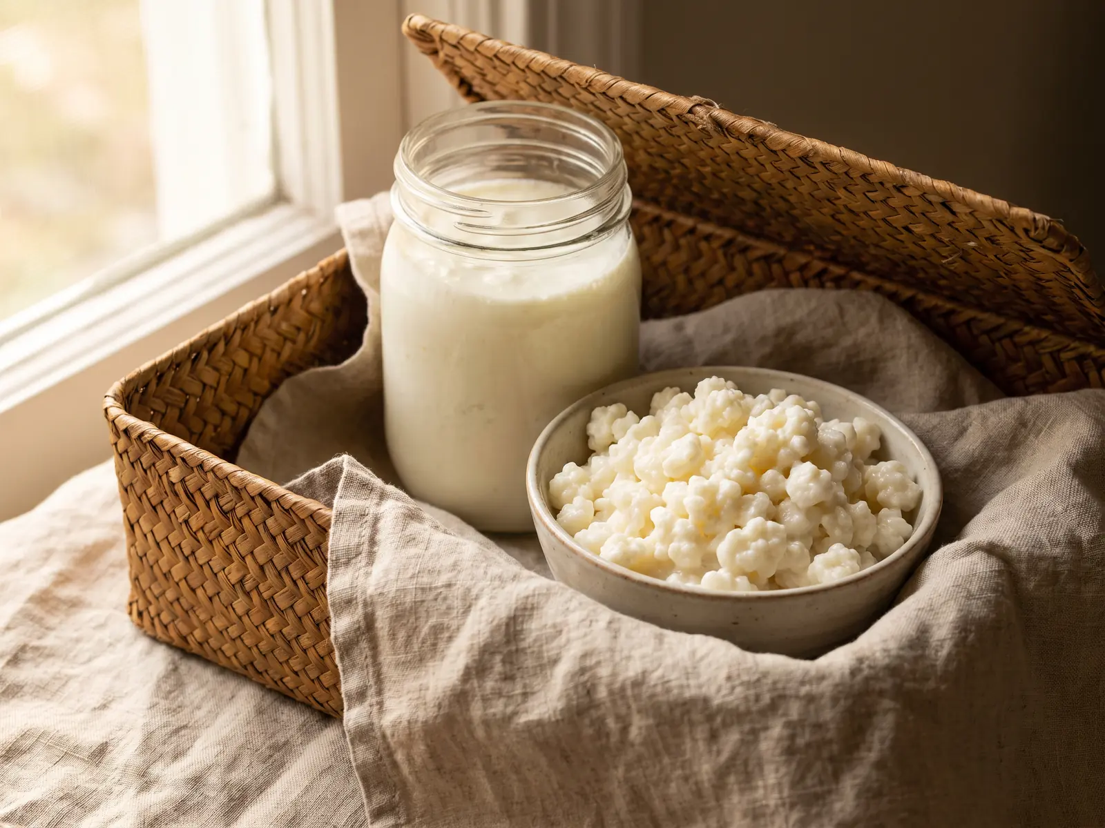 propriedades do kefir Cesto aberto com frasco de kefir e taça de grãos sobre linho, numa composição natural e caseira.