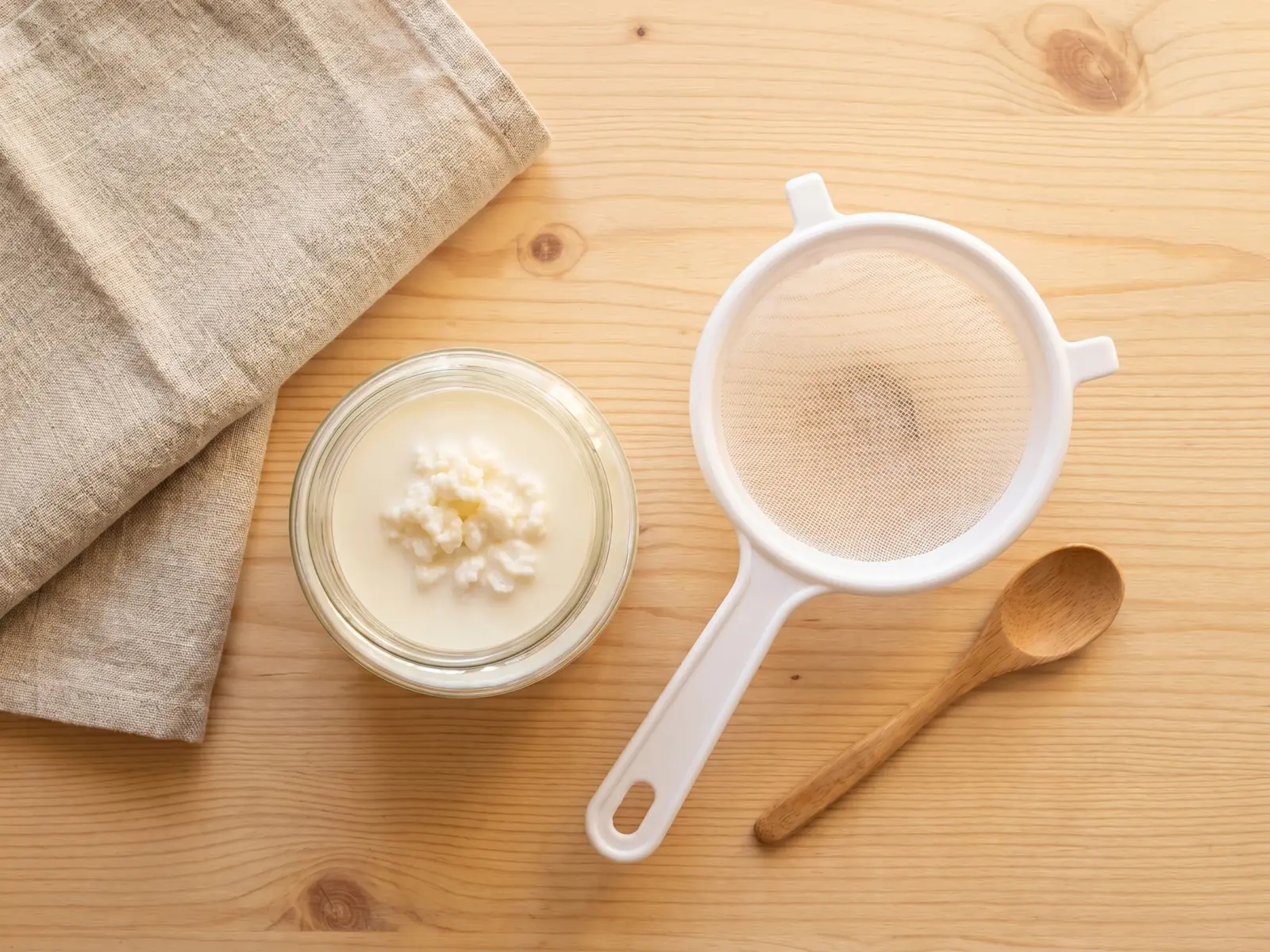 como obter kefir de leite Bancada com frasco de kefir de leite, coador branco, colher de madeira e pano de linho.
