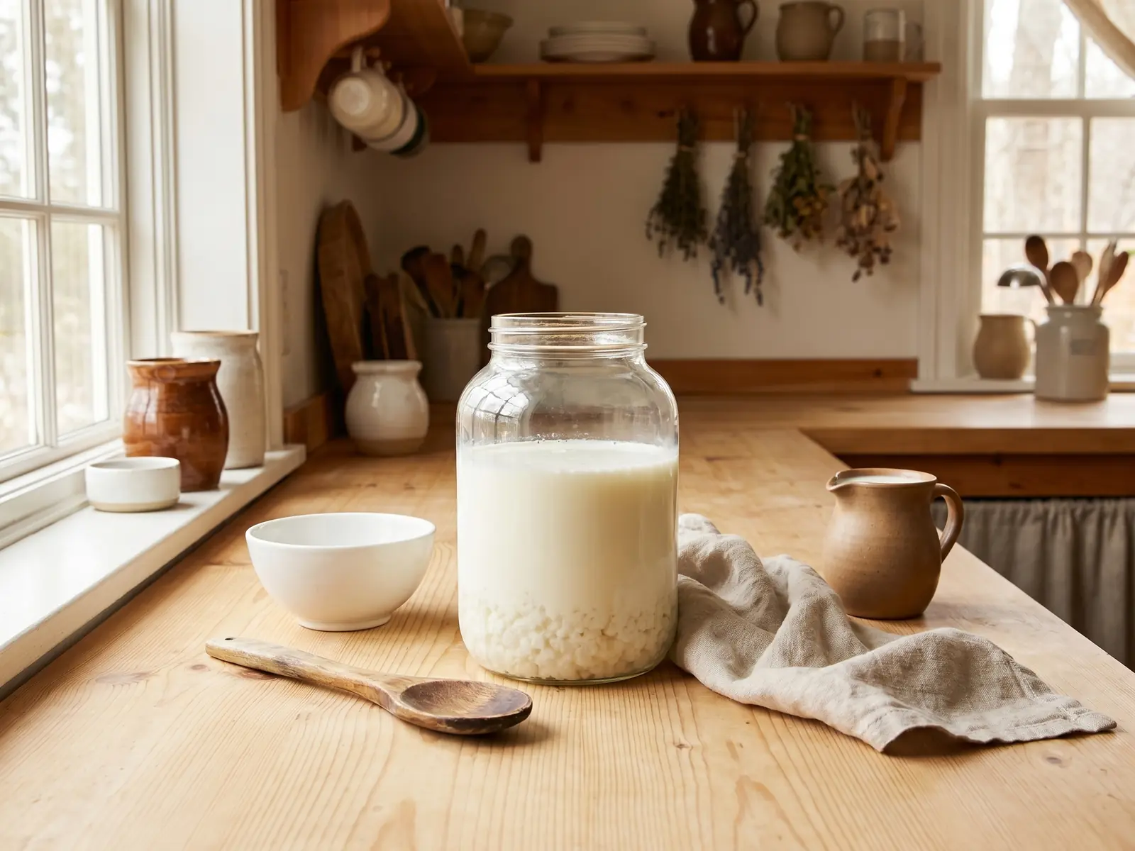 kefir benefits Tarro de kefir de leite numa bancada de cozinha, com tigela, colher e jarra de leite fresco ao lado.