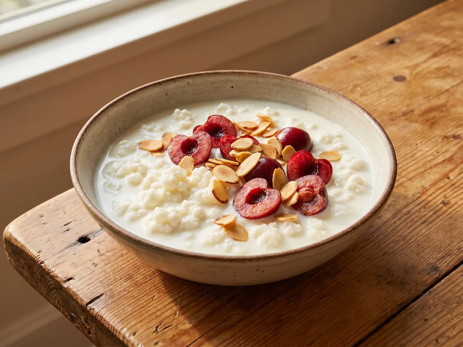 fermentados naturais Bowl largo de kefir com cerejas partidas e amêndoas tostadas sobre madeira de pinho