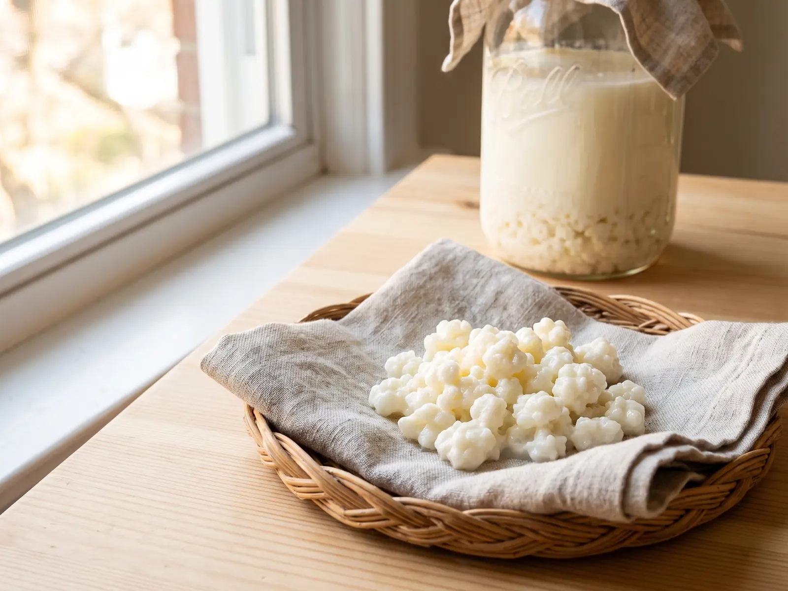 Cesto de vime com frasco de kefir envolvido em linho, gr&atilde;os vis&iacute;veis e luz natural junto &agrave; janela.