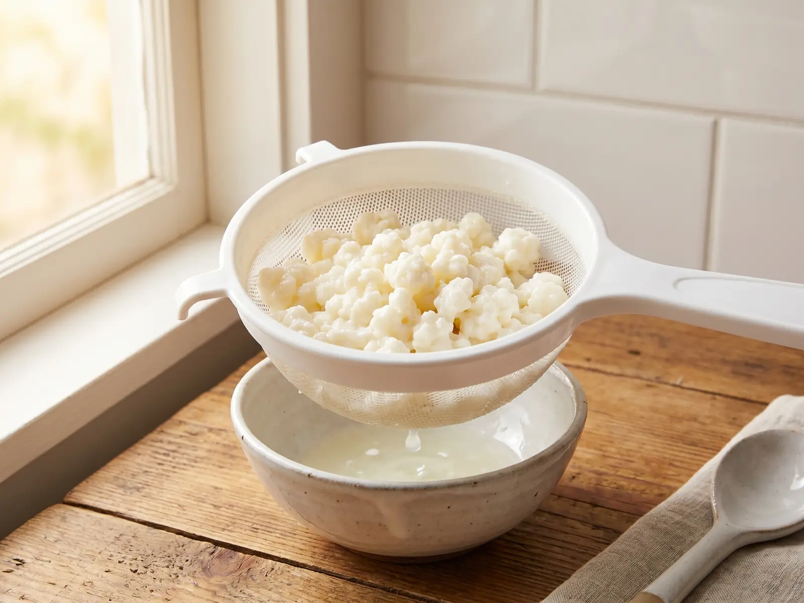 kefir lidl Grãos de kefir de leite num coador branco sobre azulejos, com cuenco cerâmico por baixo.