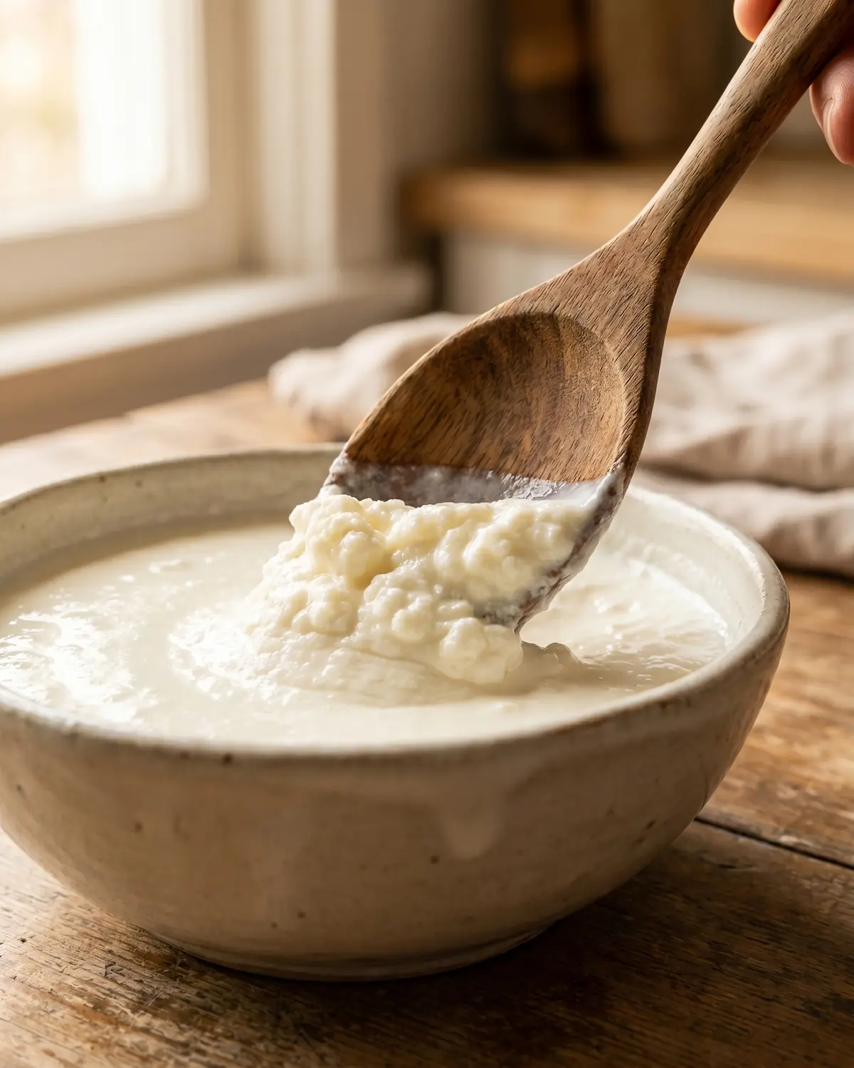 planta kefir Colher de madeira a levantar kefir firme de um cuenco, mostrando a textura cremosa em primeiro plano.