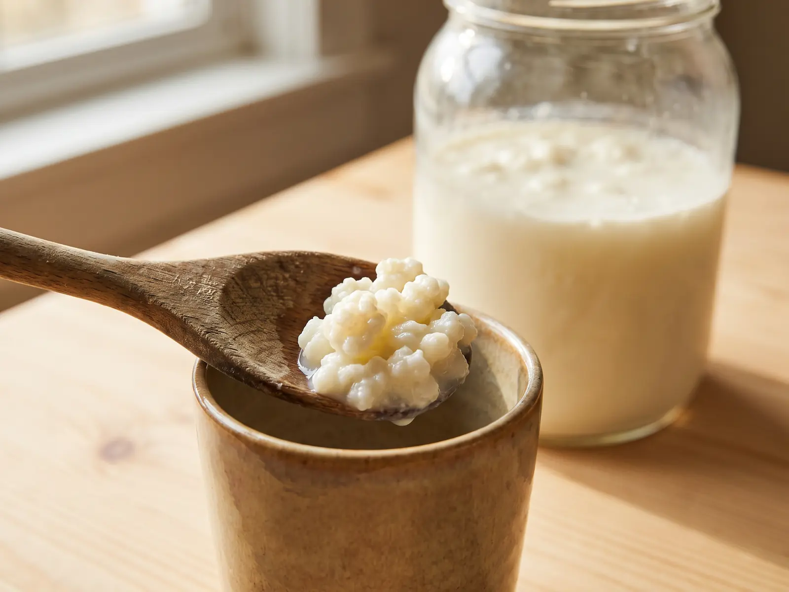 onde comprar kefir em lisboa Colher de madeira com grãos de kefir junto a uma chávena e um frasco leitoso sobre madeira clara.