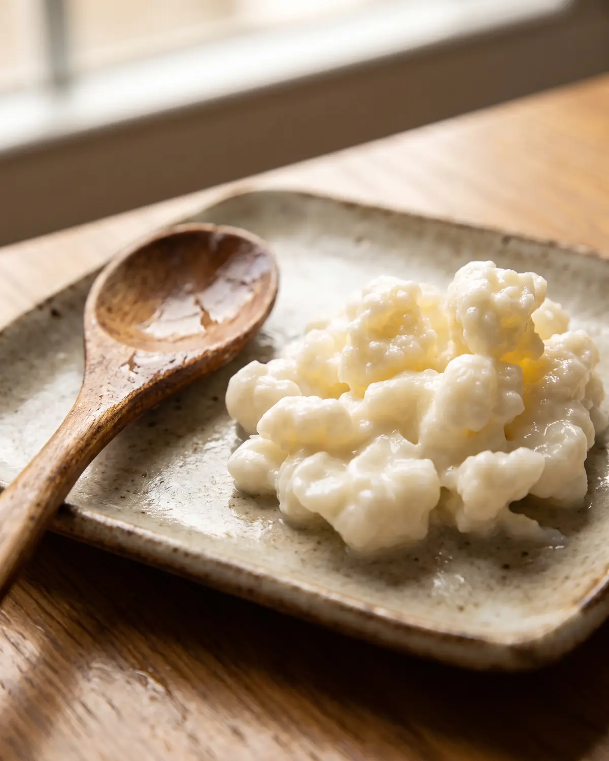 onde encontrar sementes de kefir Colher de madeira húmida vazia com grãos de kefir desfocados num prato quadrado ao fundo.