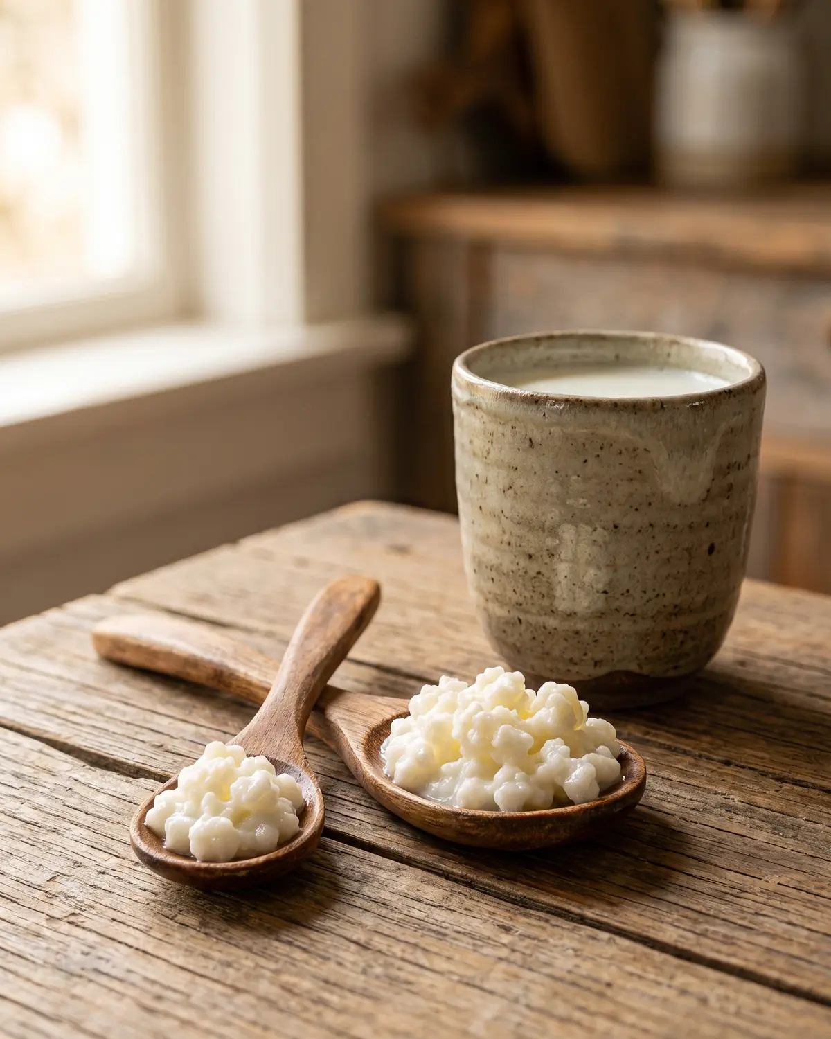 fungo kefir Duas colheres de madeira mostram pequenas porções de grãos de kefir junto a uma chávena cerâmica.