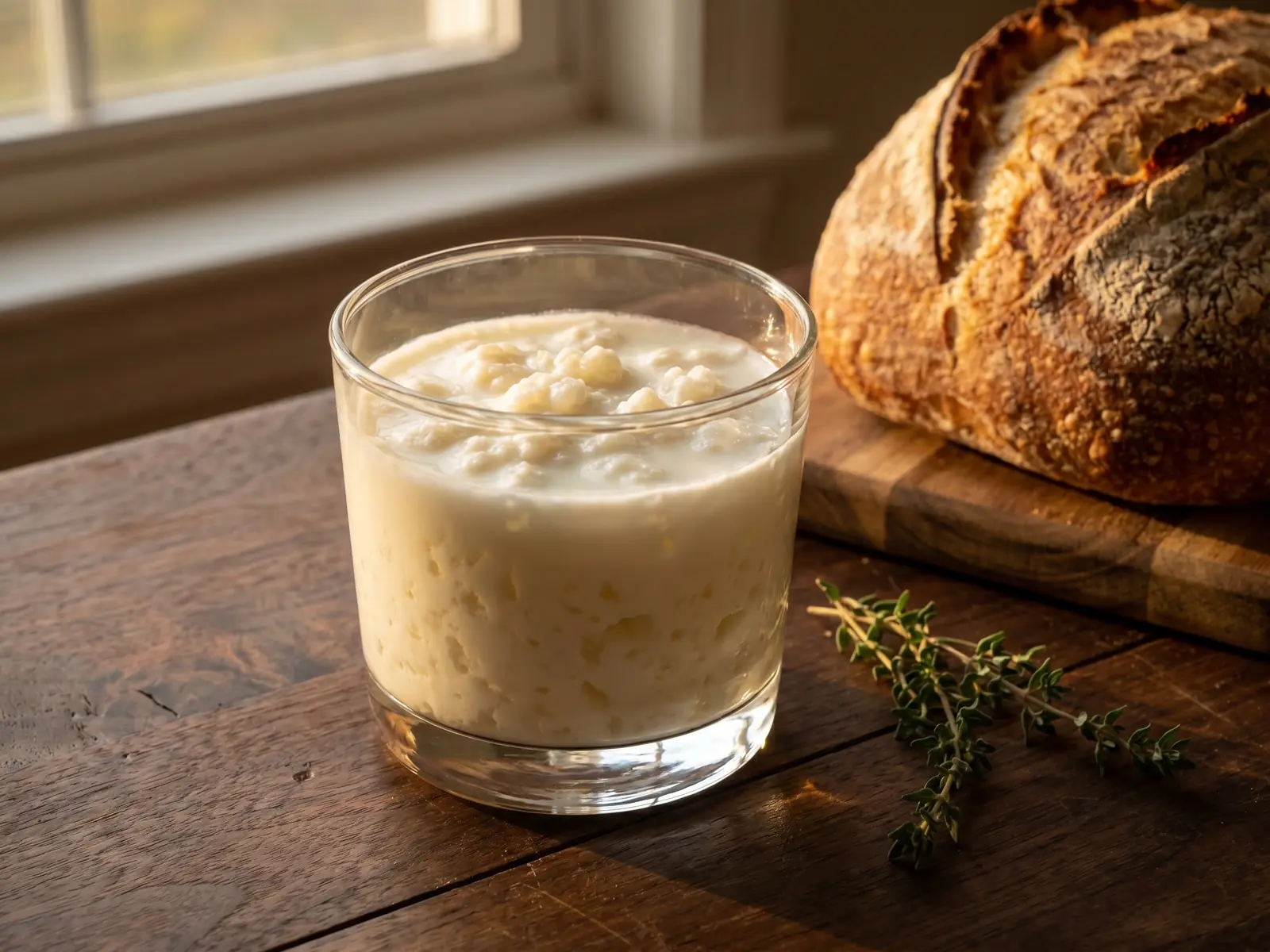 milk kefir grains Kefir de leite cremoso num copo baixo, com pão rústico e tomilho sobre madeira escura.