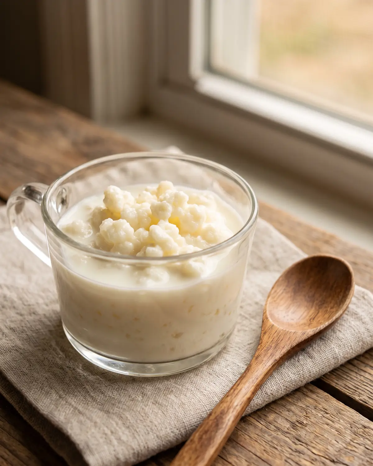 receitas kefir leite Pequeno copo de vidro com grãos e leite fresco, com colher de madeira apoiada ao lado.