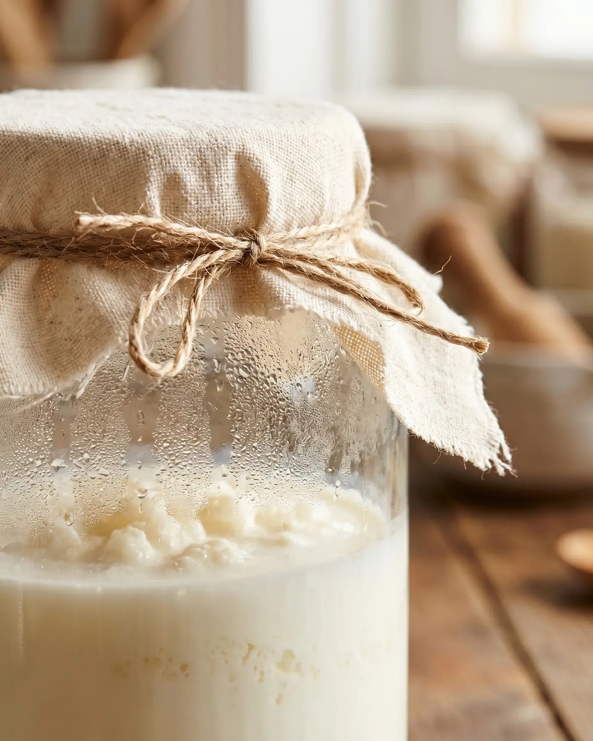 propriedades do kefir Detalhe do pano de algodão atado ao frasco de kefir, com leite branco visível através do vidro.
