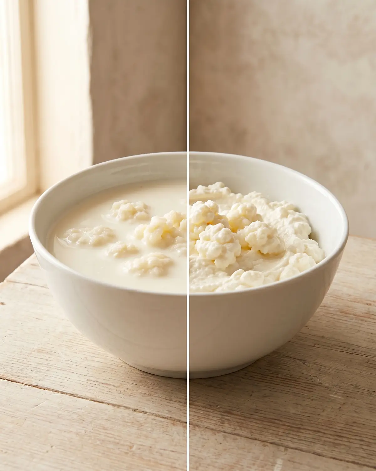 Dois cuencos de cer&acirc;mica branca mostram kefir beb&iacute;vel e kefir escorrido com texturas diferentes.