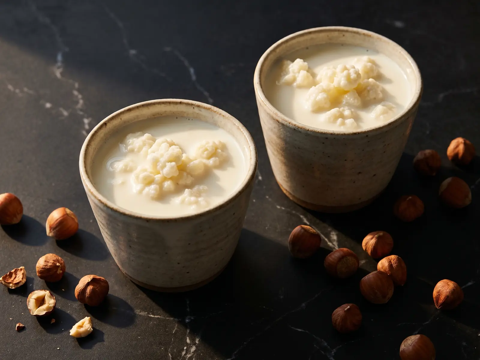 Duas ta&ccedil;as de kefir sobre m&aacute;rmore preto, com avell&atilde;s e luz natural a destacar a textura cremosa.