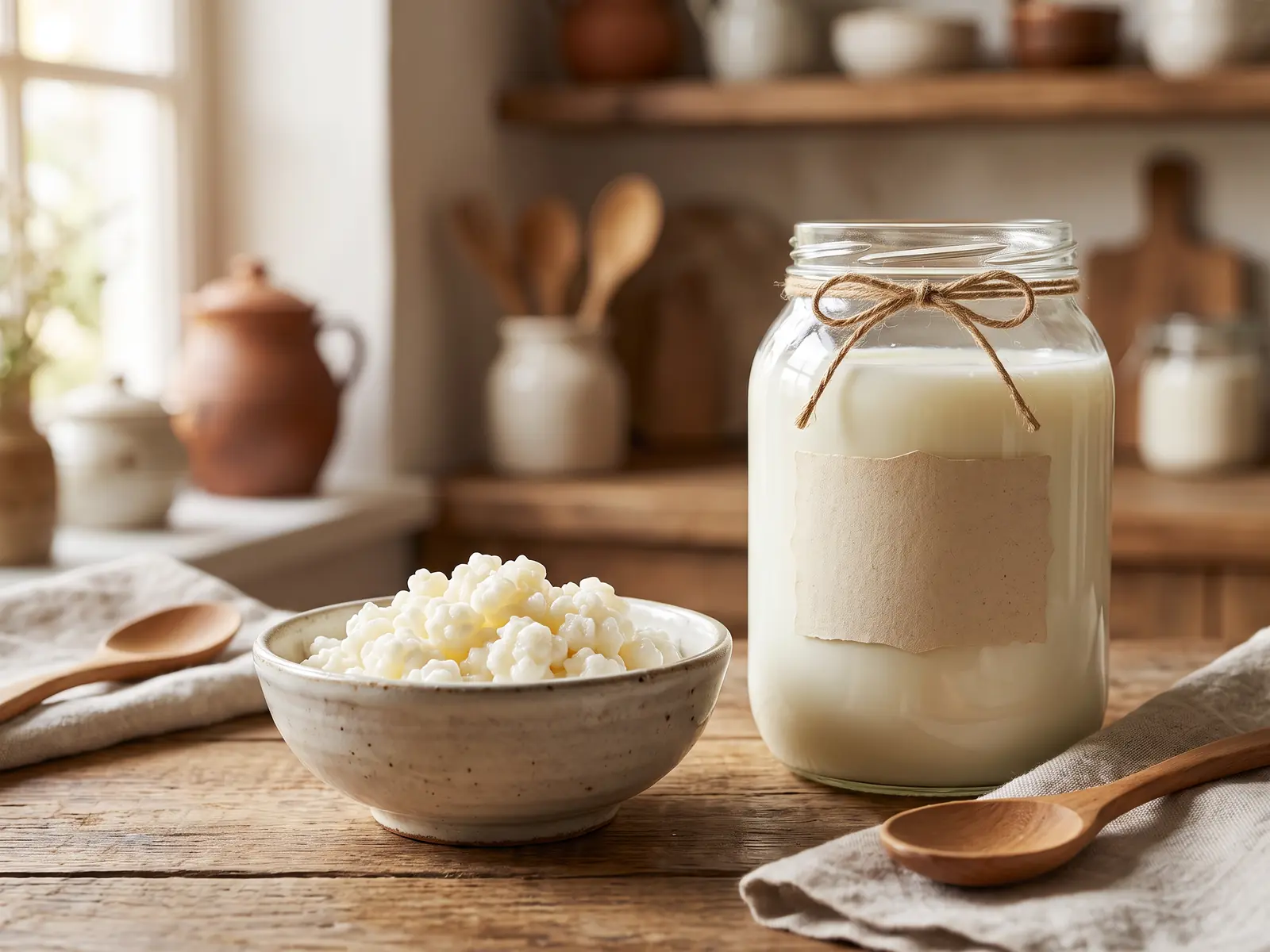 kefir de leite como cuidar Estação caseira de fermentação com frasco de kefir, grãos em cerâmica e rótulo vazio.
