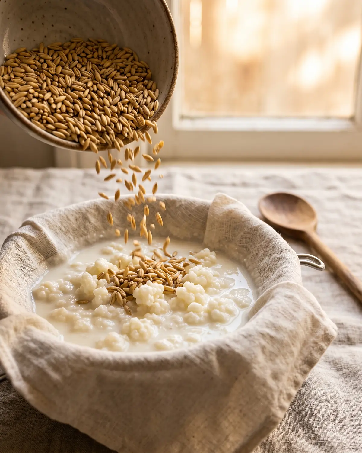onde posso comprar grãos de kefir Flocos de aveia a cair sobre kefir coado, com linho desfocado e luz quente junto à janela.