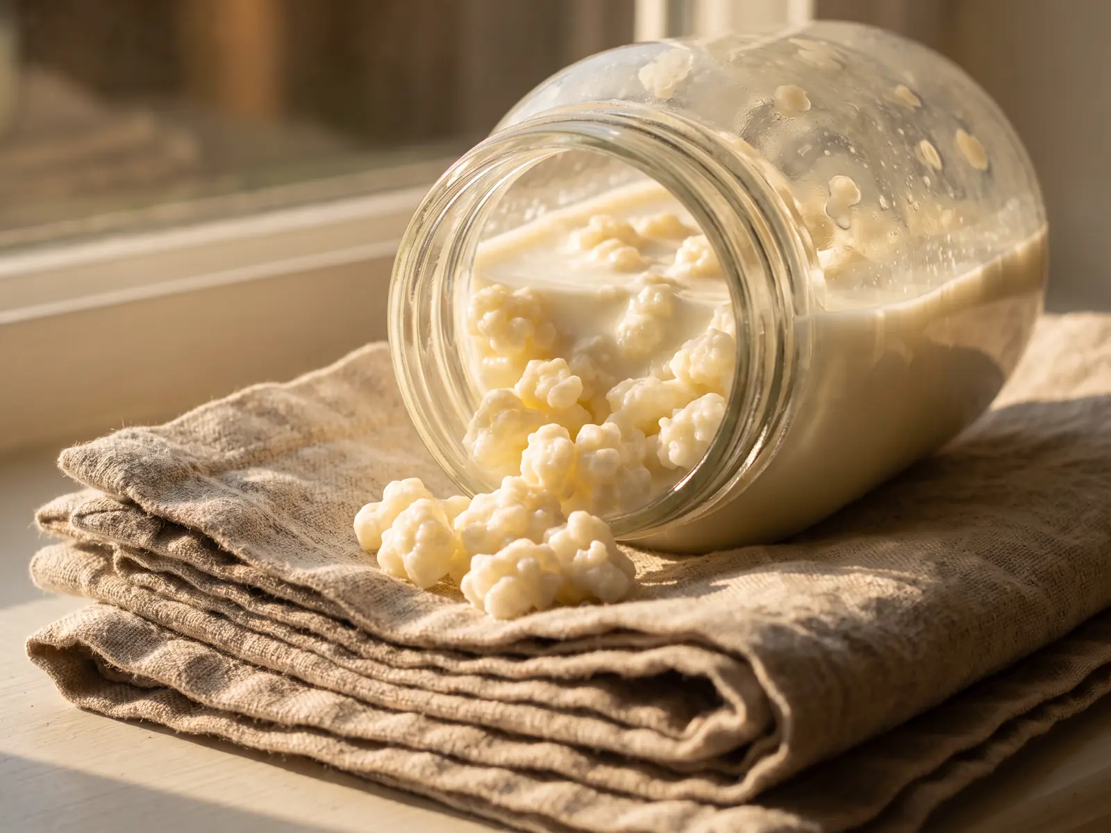 como iniciar kefir de leite Frasco inclinado com kefir de leite sobre tecido de linho, grãos visíveis e luz lateral quente.