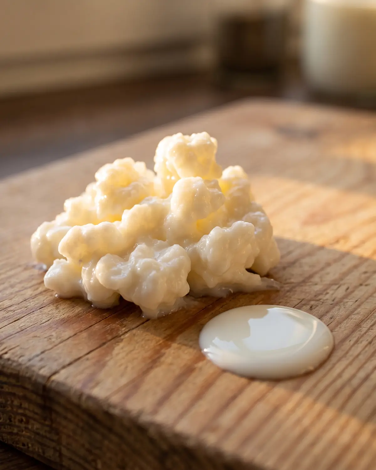 kefir com leite vegetal Gota de leite numa tábua de pinho, com um grão de kefir próximo iluminado pela luz quente da manhã.