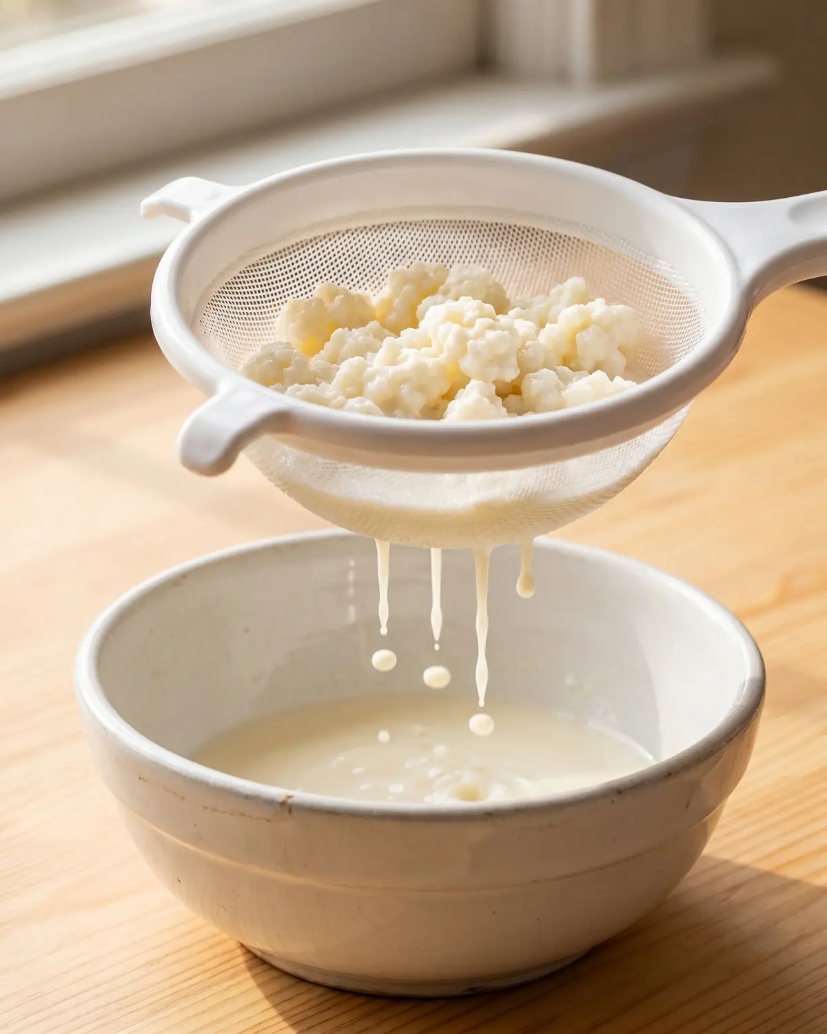 kefir benefits Grãos de kefir de leite a serem coados num coador branco, com uma gota a cair para uma tigela.