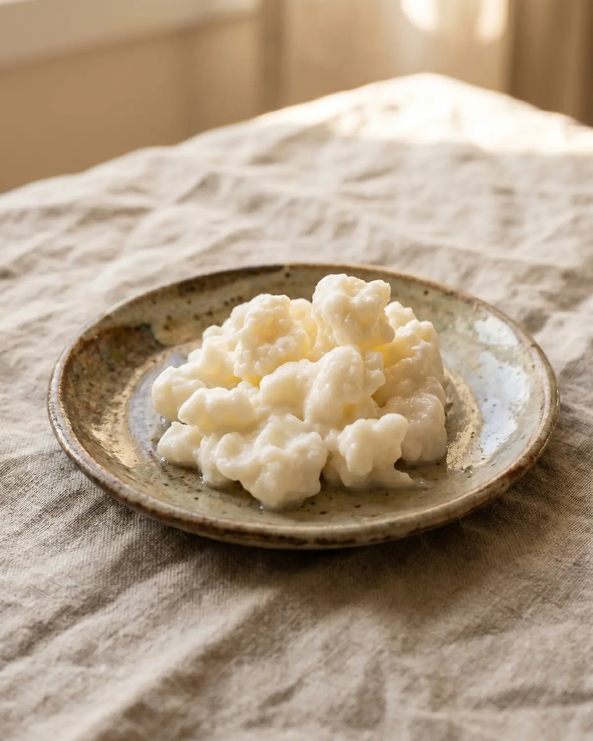 comunidade kefir Grãos irregulares de kefir sobre prato de cerâmica, com linho cru e luz suave de janela.