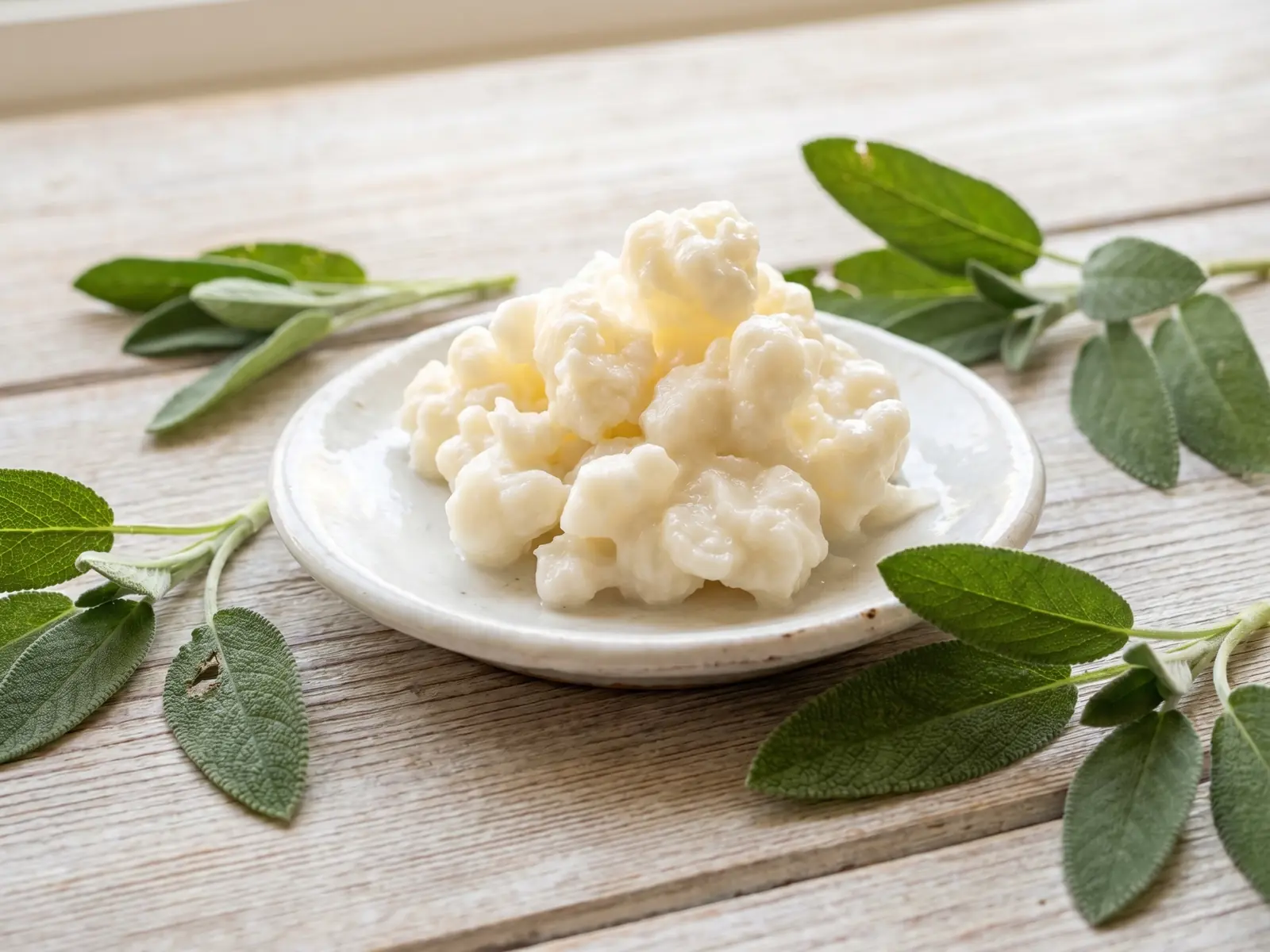 kefir o que é Grãos irregulares de kefir num prato branco, com folhas de salvia sobre uma mesa de madeira clara.