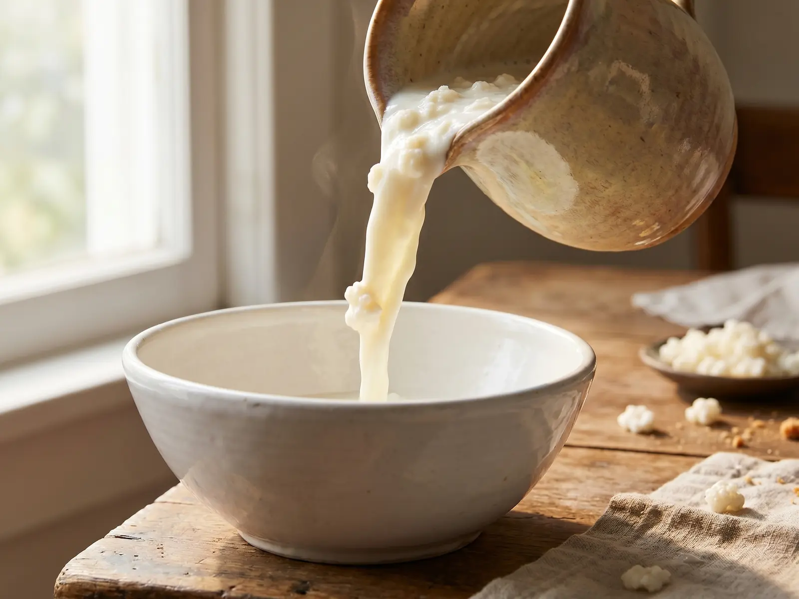 www kefir com br Jarra de cerâmica a verter kéfir espesso para um prato branco junto a uma janela iluminada.