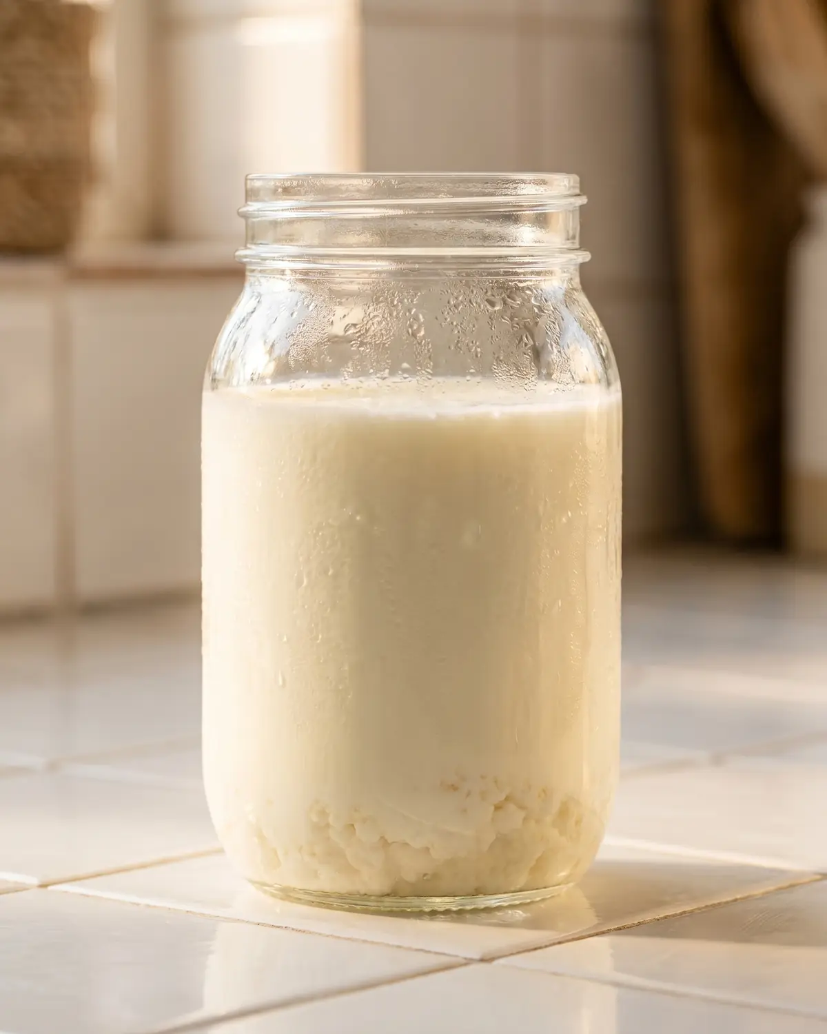onde comprar kefir em lisboa Frasco de kefir sobre azulejos brancos, com condensação suave e luz quente vinda de uma janela lateral.