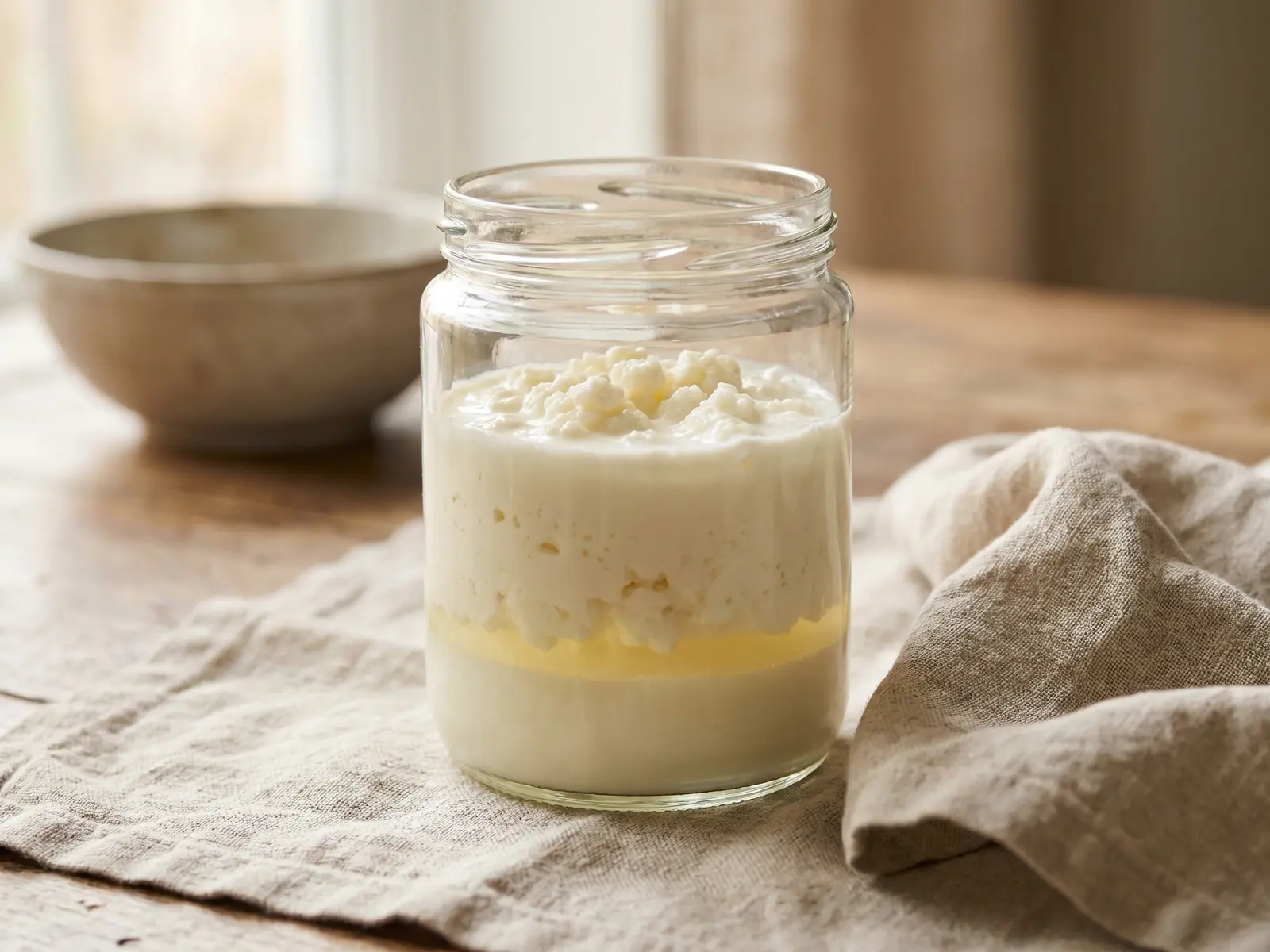 kefir vivos Frasco de kefir de leite com camadas naturais e soro visível ao lado de um pano de linho.