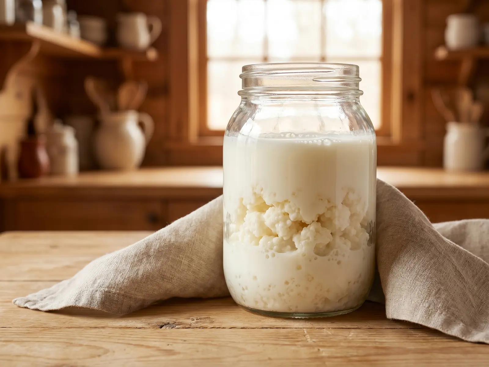 doação de kefir Frasco de vidro com leite e grãos de kefir à contraluz suave junto a uma janela de cozinha.