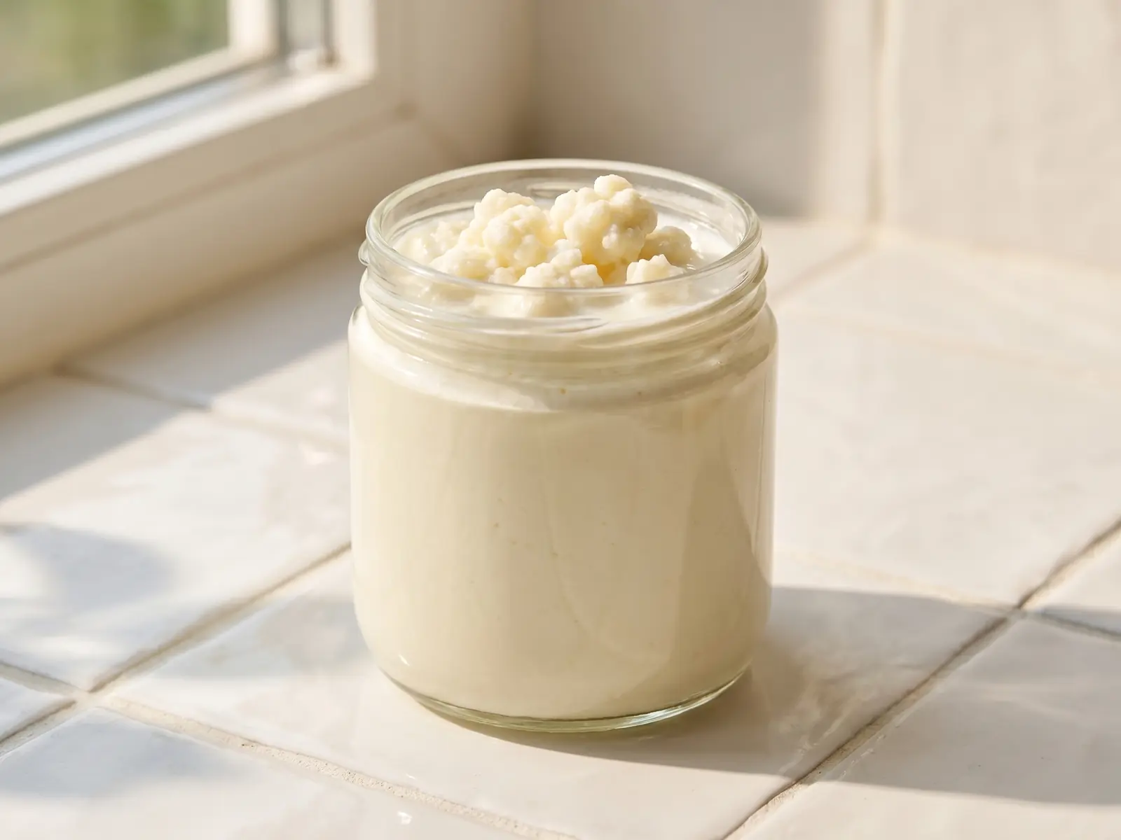 kefir mercadona Tarro de kéfir de leite sobre azulejos brancos, com luz lateral suave e aspeto fresco e caseiro.