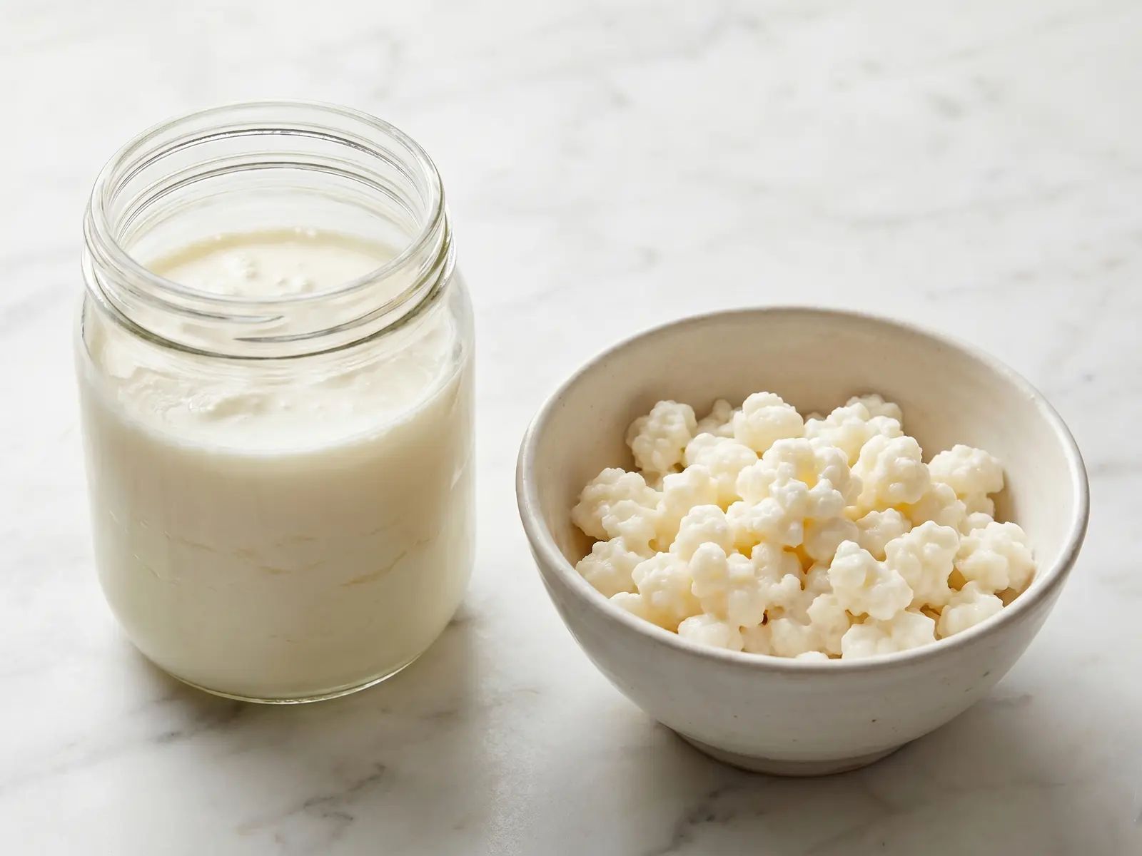 aldi kefir Tarro aberto de kefir de leite com grãos branco-creme em cuenco cerâmico sobre mármore claro.