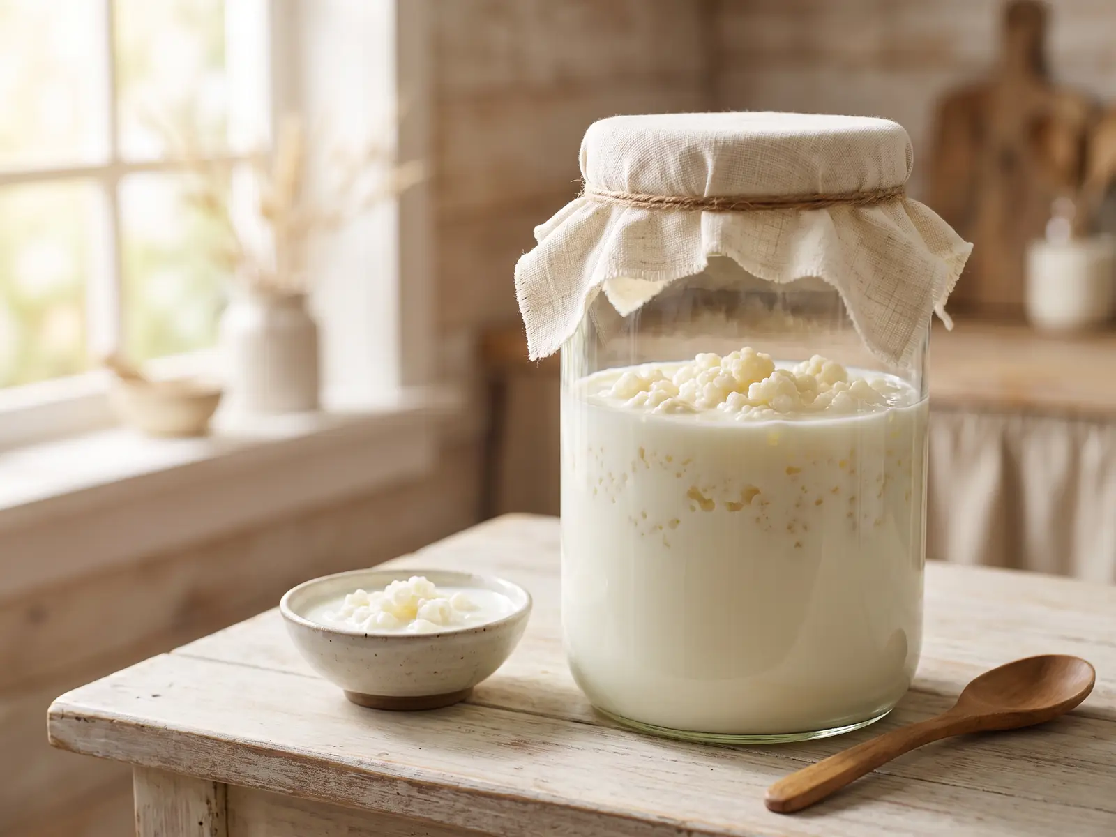 receitas kefir leite Frasco com grãos de kefir de leite e fruta seca ao lado sobre madeira, pronto para receitas caseiras.