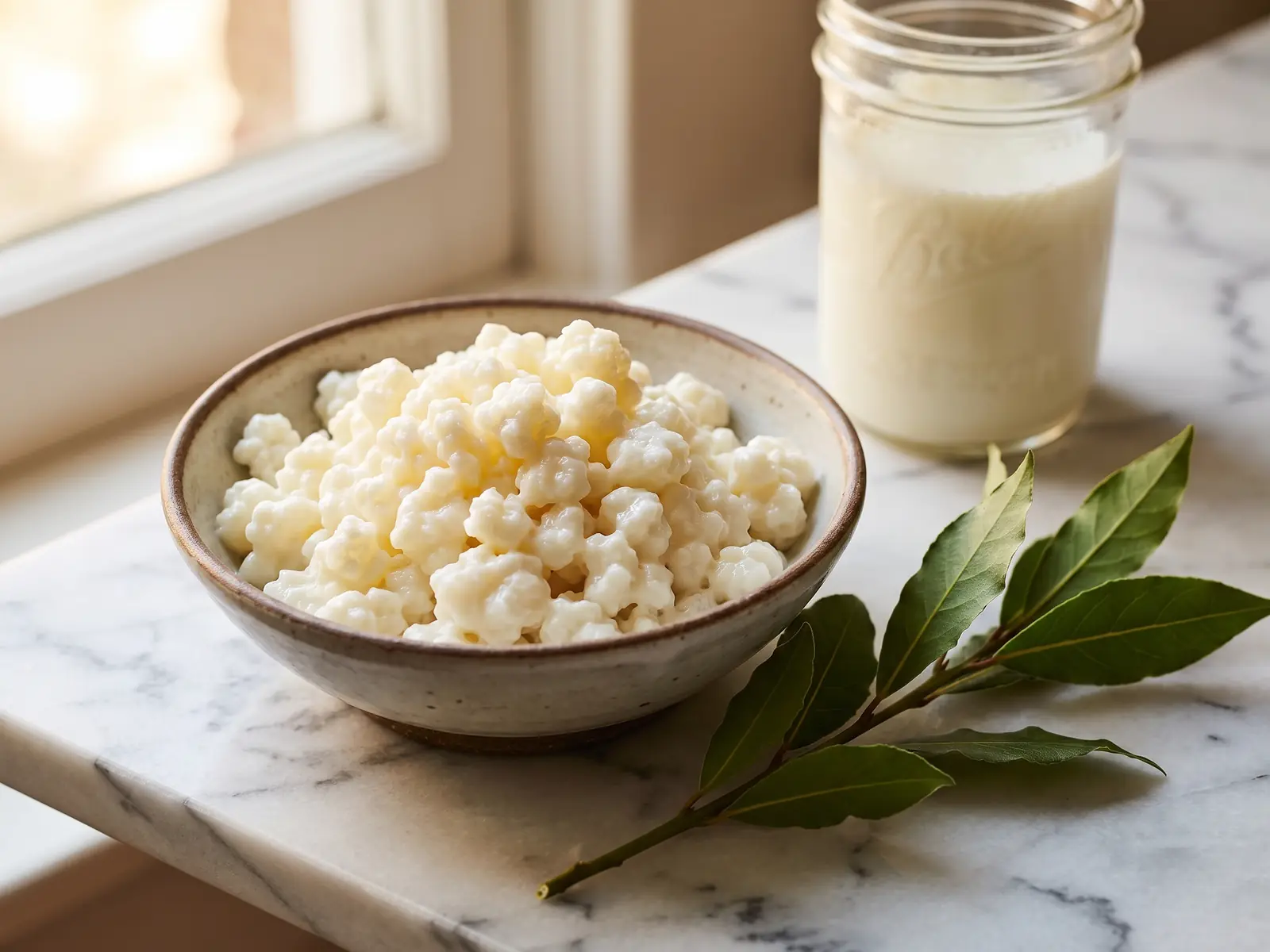 comunidade kefir Rama de loureiro sobre mármore, com taça de grãos de kefir e frasco cremoso ao fundo.