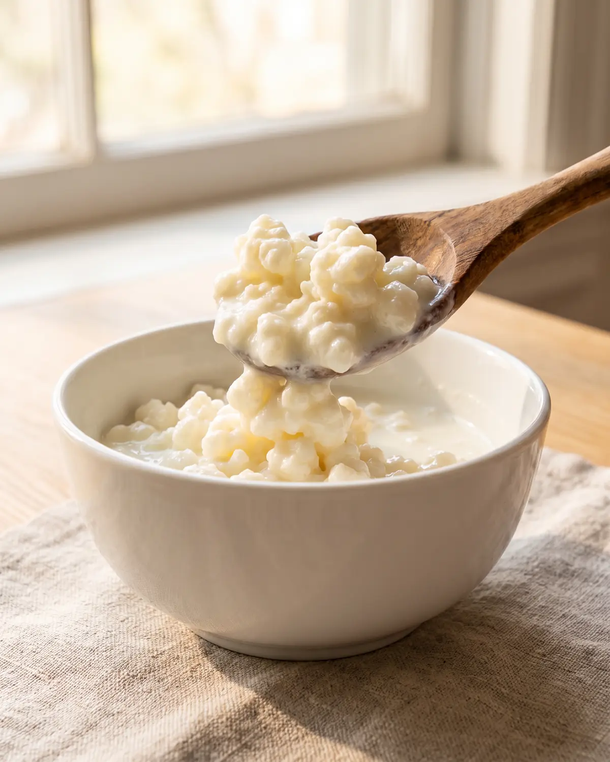 aldi kefir Colher de madeira com grãos densos de kefir sobre cuenco branco, linho cru e luz quente de janela.