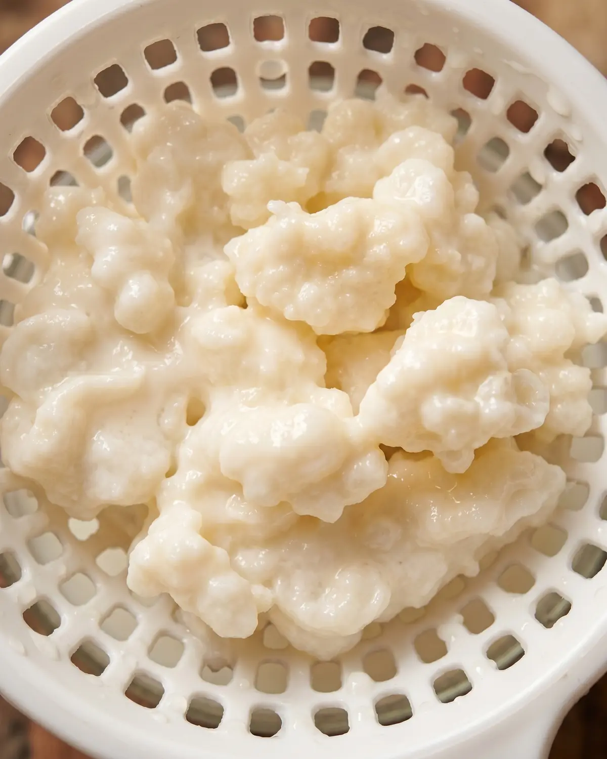 kefirs Grãos branco-creme de kefir de leite num coador branco, com gotas espessas entre os espaços.