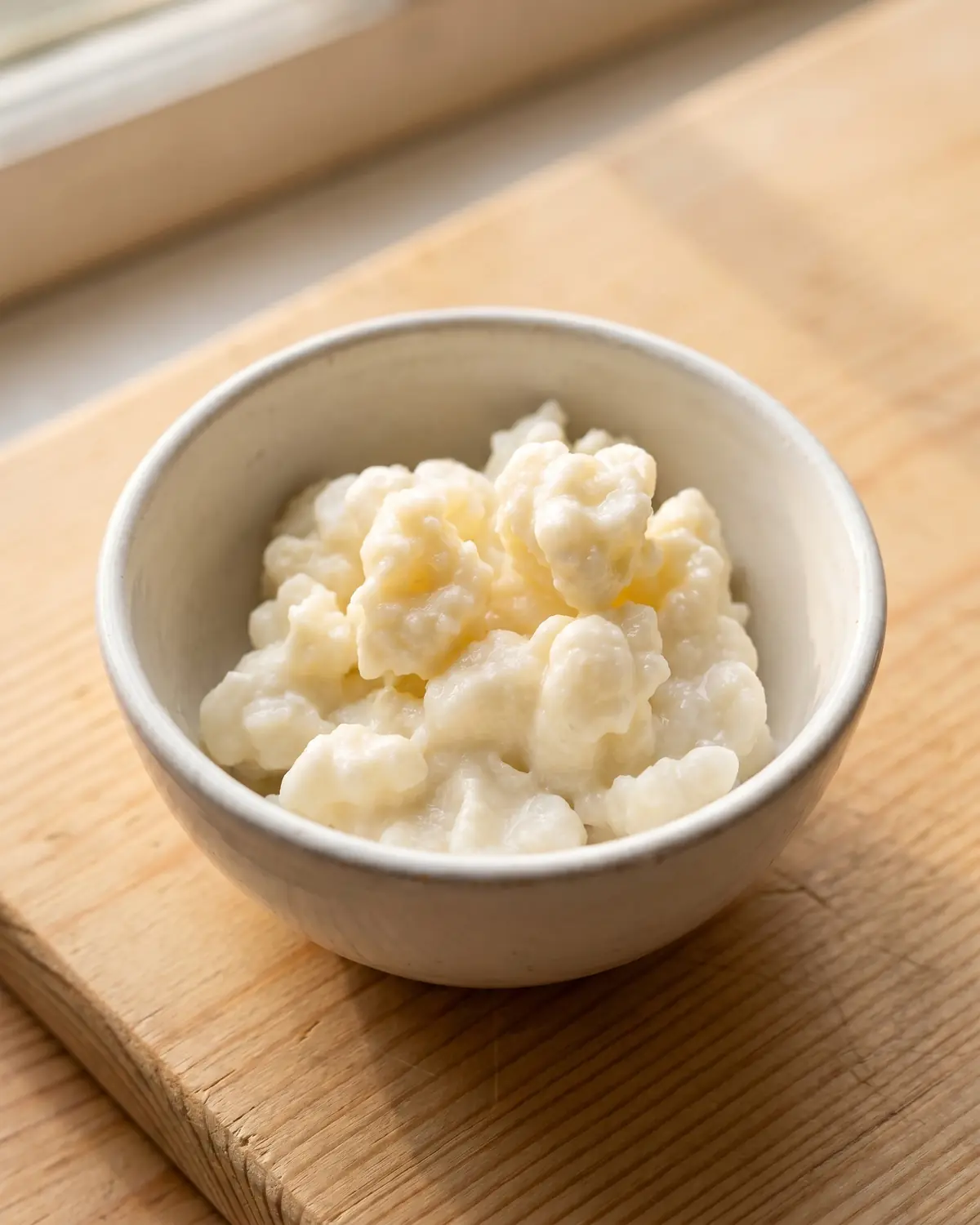 Primeiro plano de gr&atilde;os de kefir de leite num cuenco branco, mostrando a textura irregular da cultura.