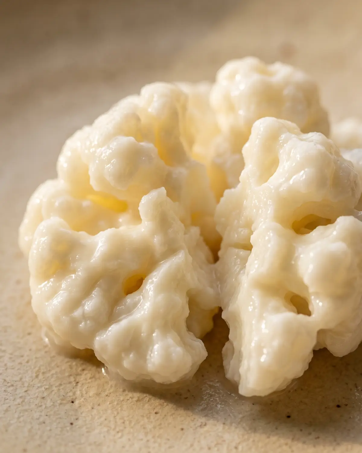 Macro de um gr&atilde;o de kefir partido, com textura h&uacute;mida em dobras sobre cer&acirc;mica mate.