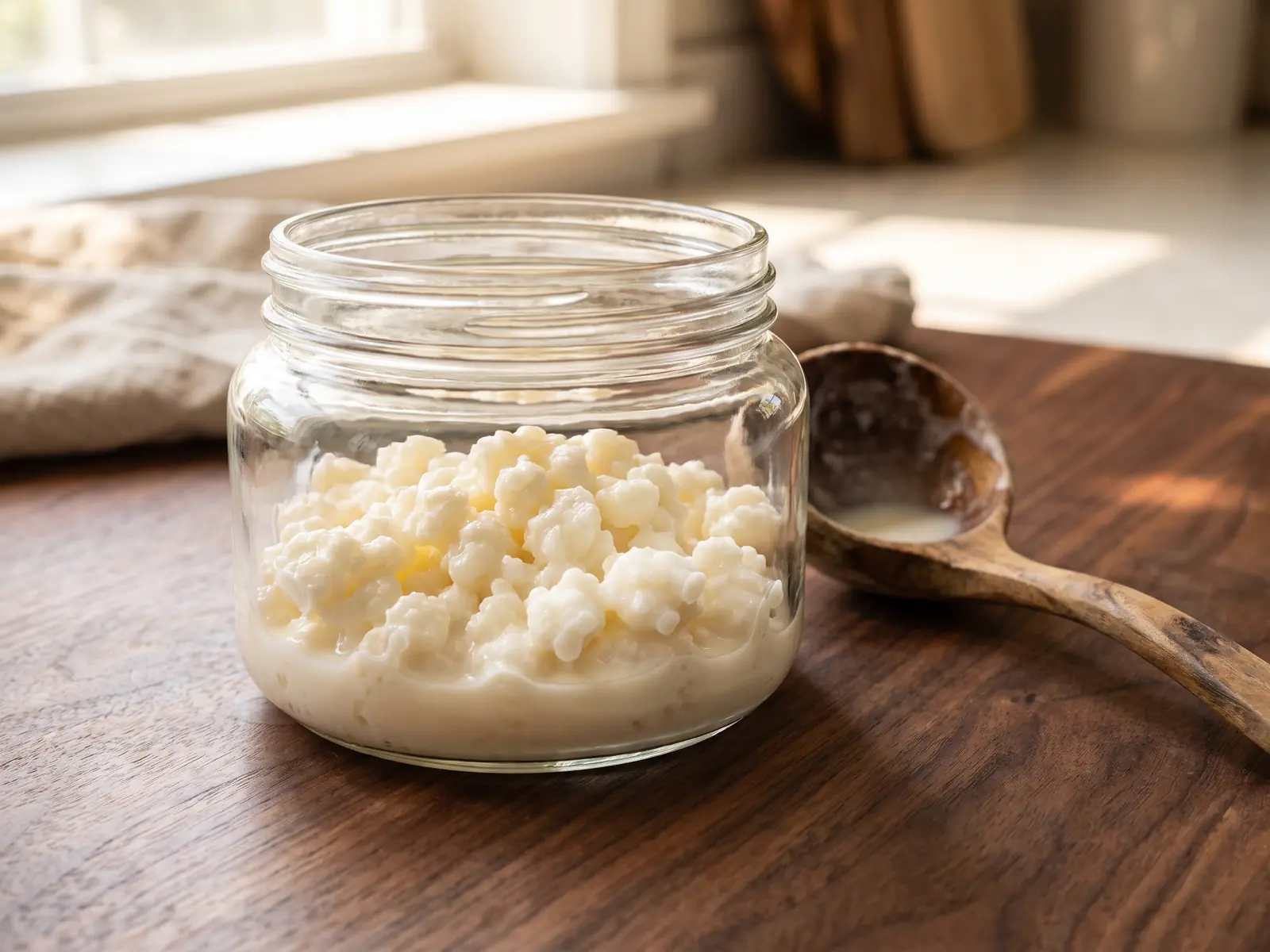 Frasco de kefir de leite sobre madeira escura, com gr&atilde;os vis&iacute;veis e colher de madeira ao lado.