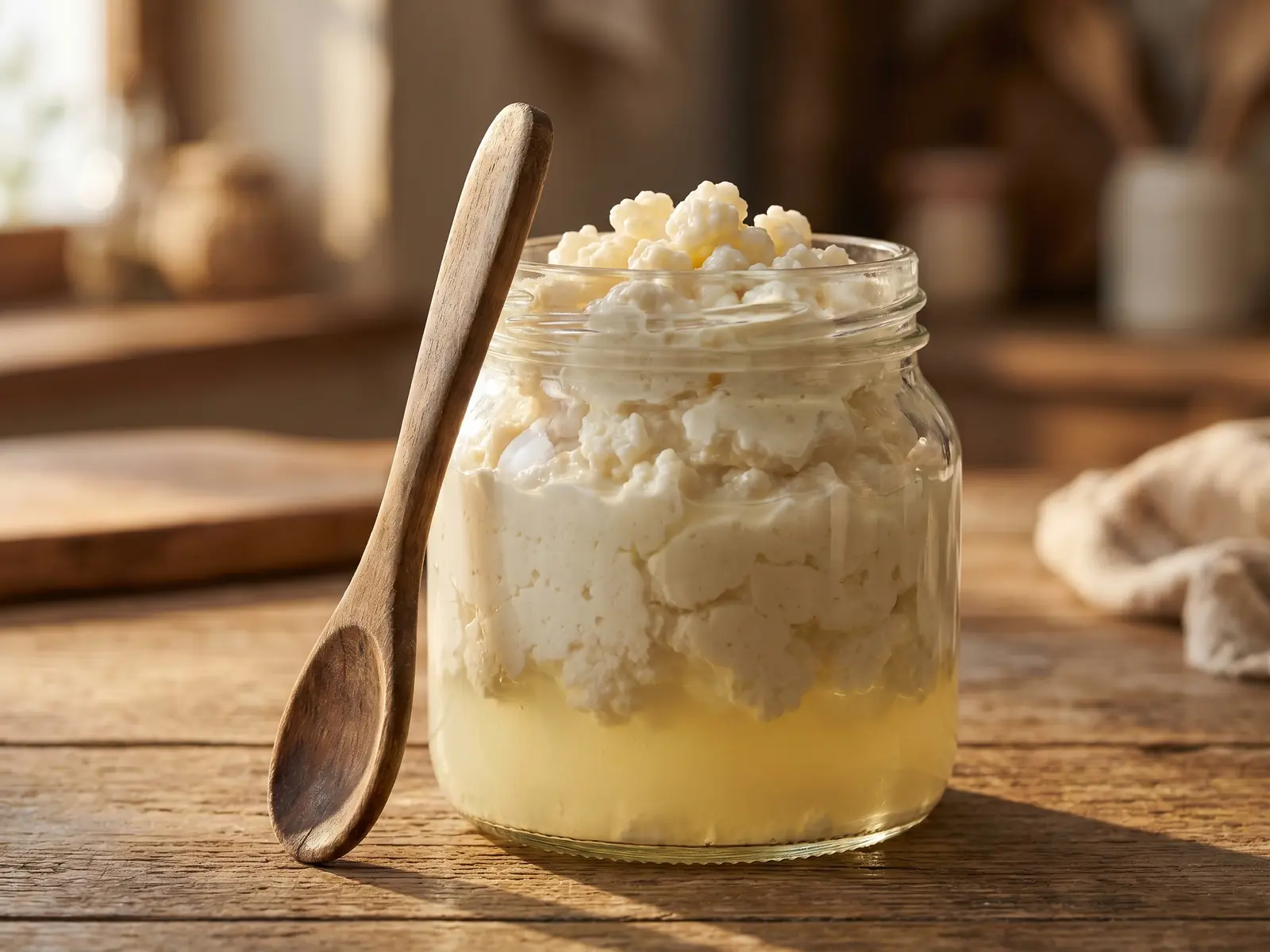 kefir probiótico Tarro de kefir de leite maduro com soro separado, colher de madeira e luz lateral suave