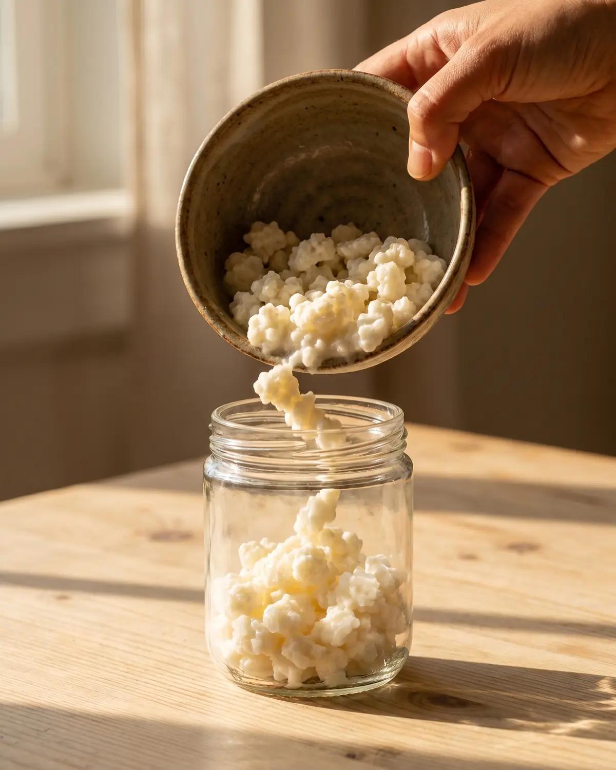 o kefir tem lactose Mão a inclinar uma taça de cerâmica com grãos de kefir para um frasco sobre madeira clara.