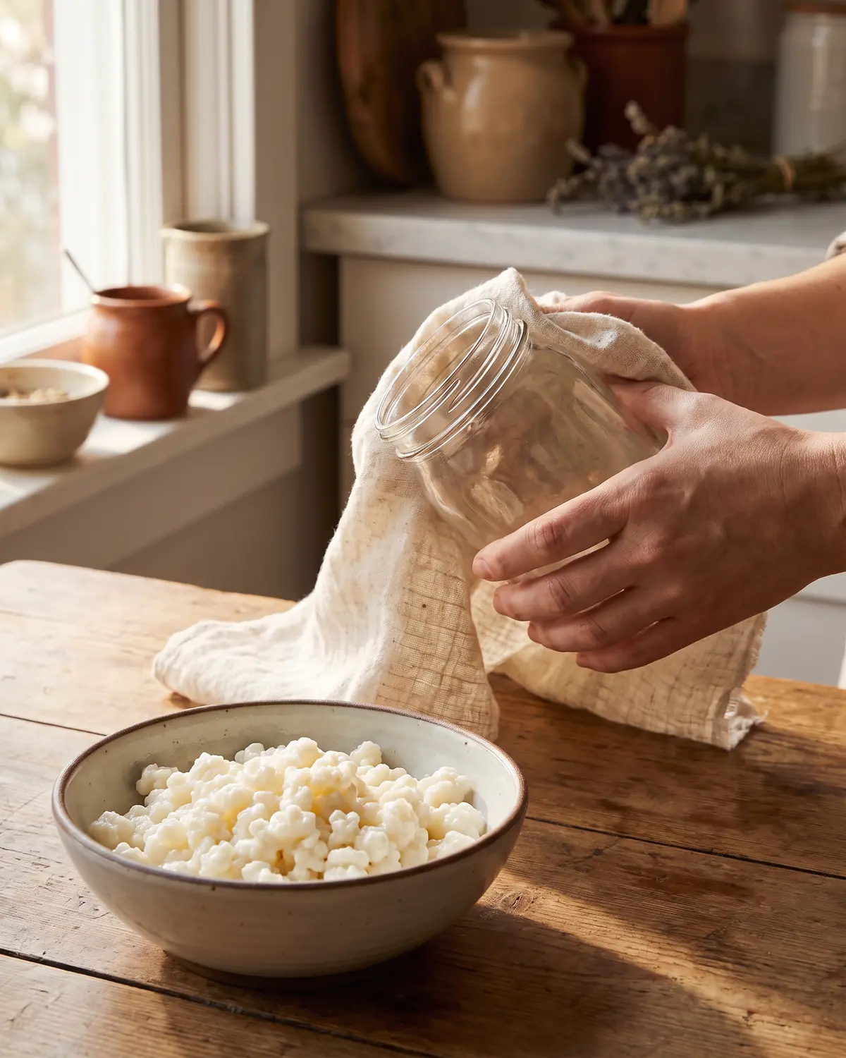 como obter kefir de leite Mão a segurar frasco de vidro coberto com linho, com grãos de kefir numa tigela por baixo.