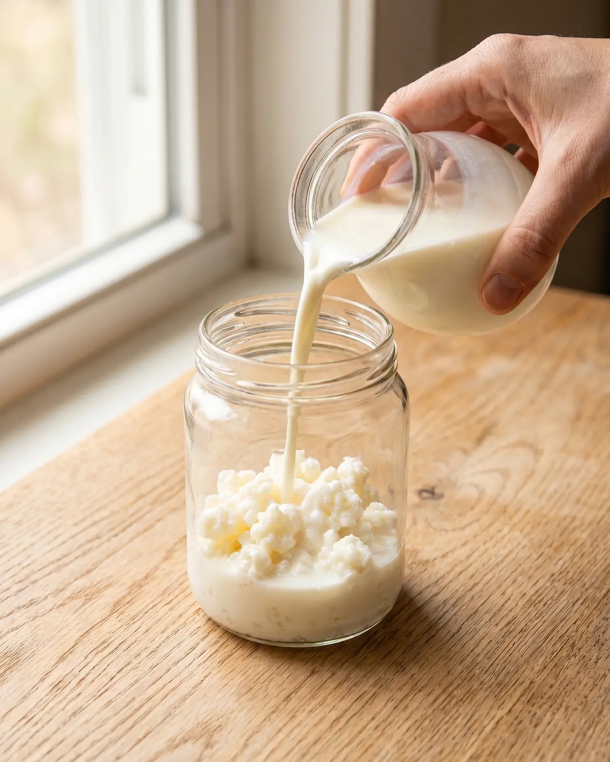 kefir lidl Mão a verter leite fresco sobre grãos de kefir dentro de um frasco de vidro para fermentar.