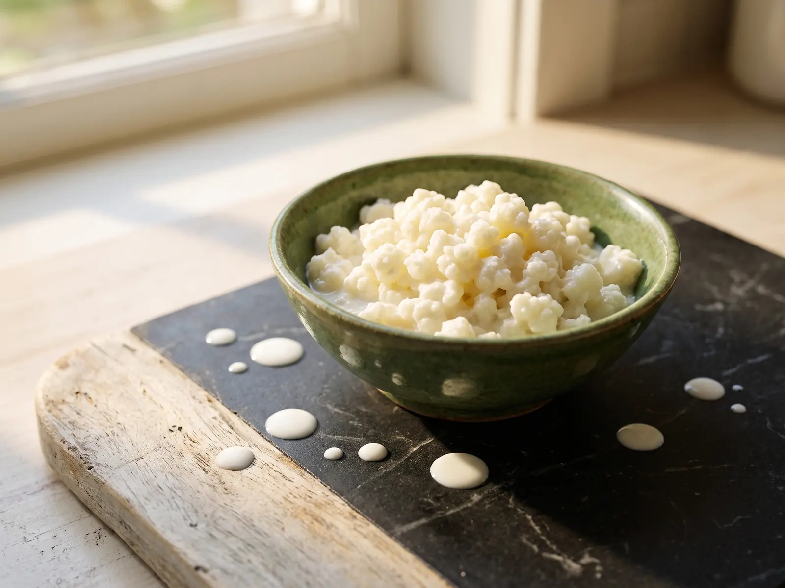 Cuenco verde com gr&atilde;os de kefir sobre m&aacute;rmore escuro, gotas de leite e madeira clara &agrave; volta.