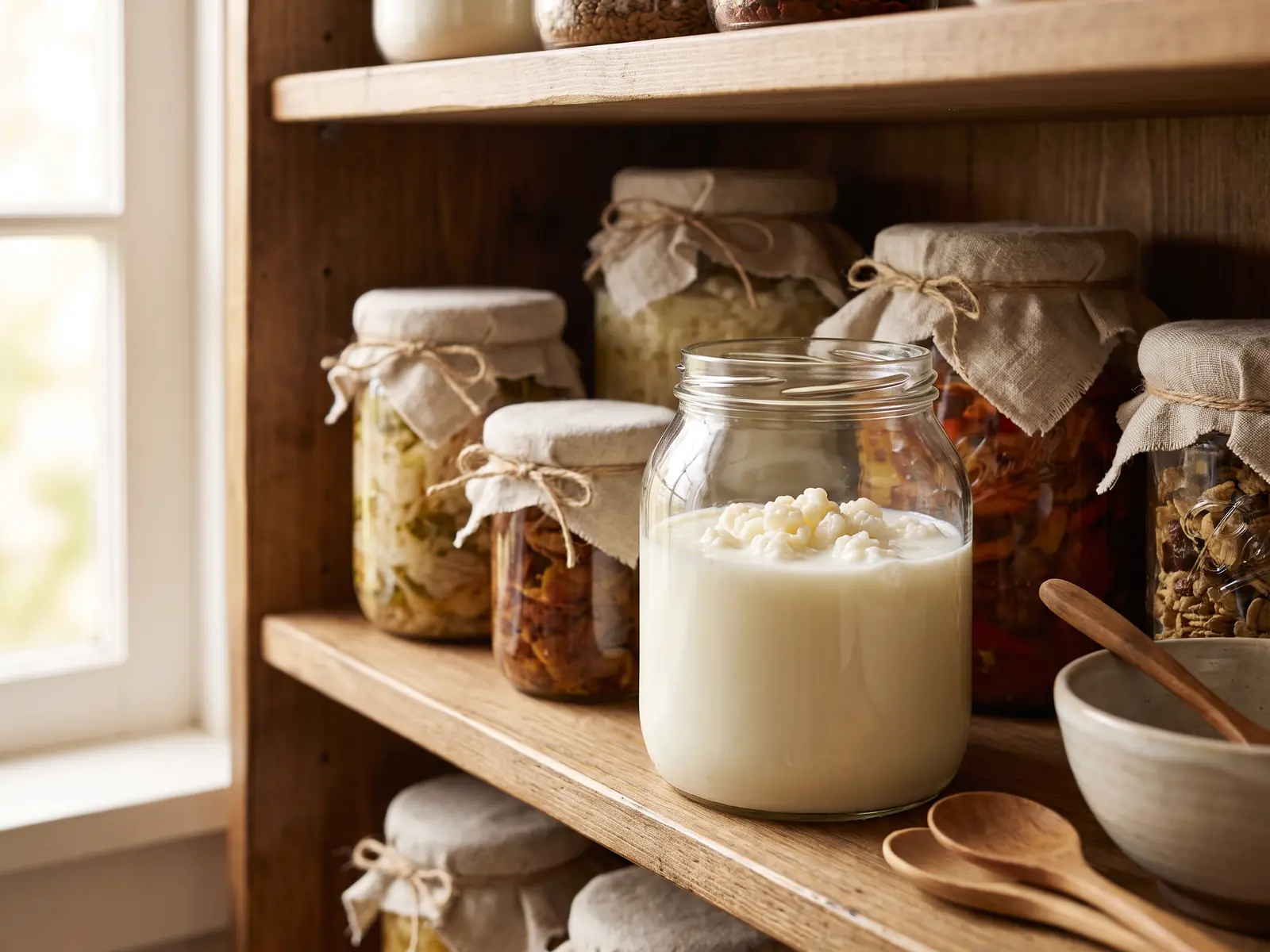 fungo kefir Frascos de fermentação numa prateleira, com grãos branco-creme de kefir visíveis em leite.