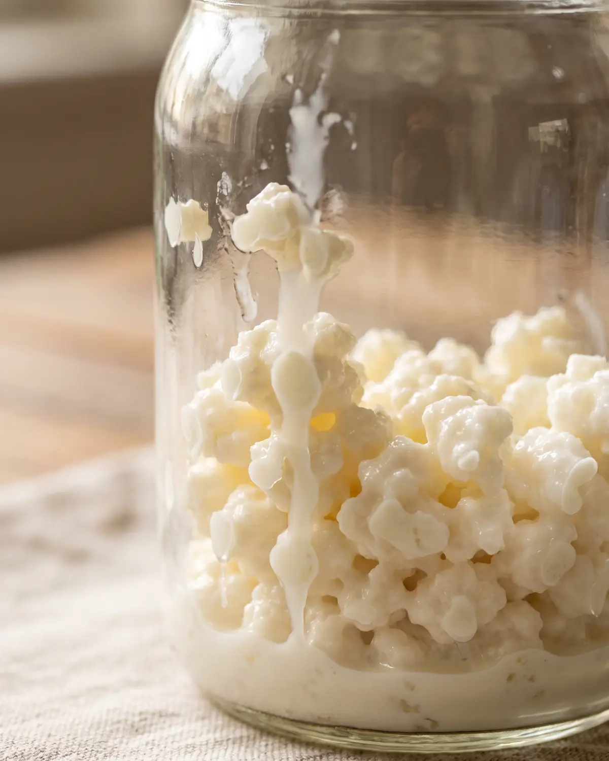 Leite fresco a tocar nos gr&atilde;os de kefir presos &agrave; parede do frasco durante o in&iacute;cio da fermenta&ccedil;&atilde;o.