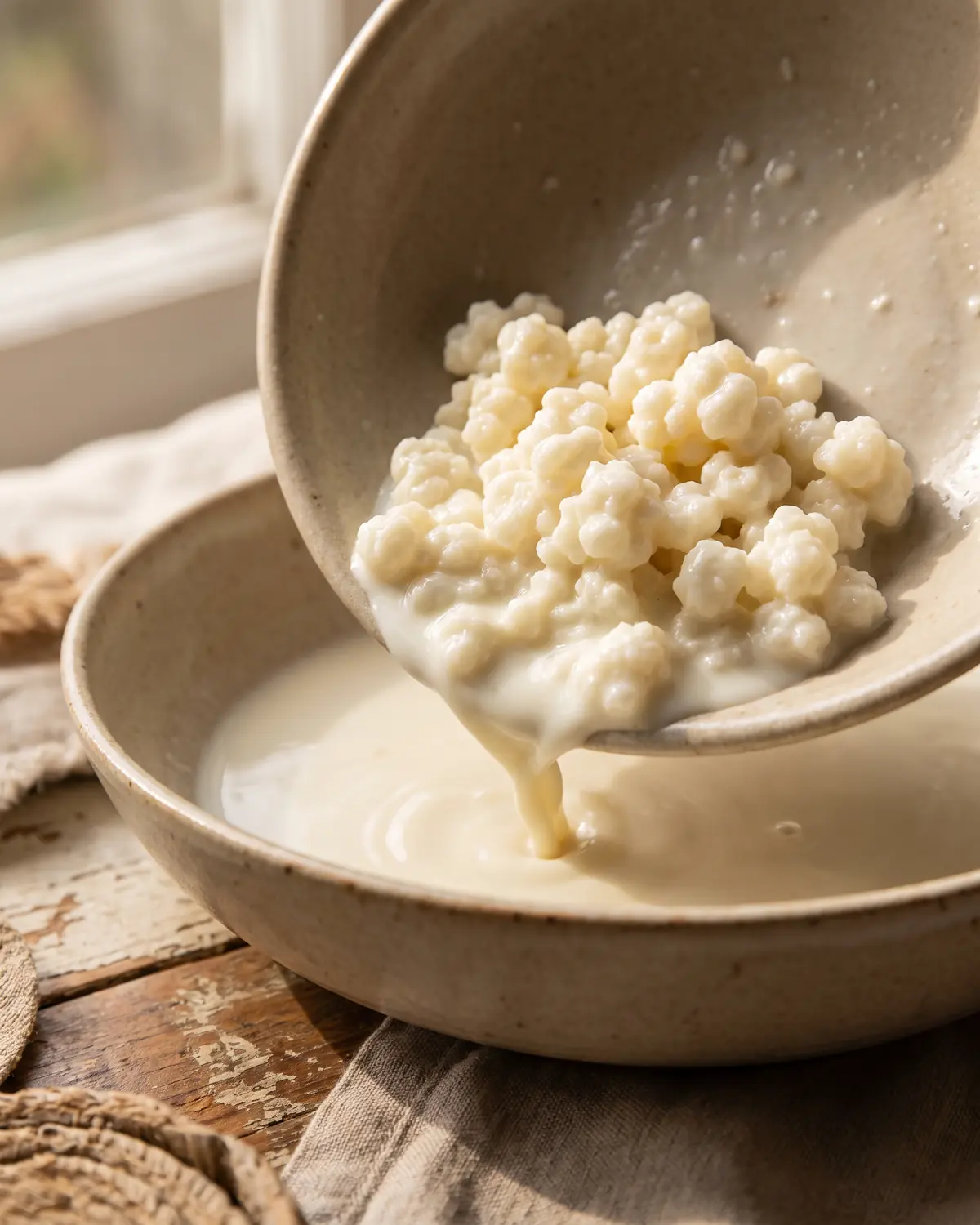 como fazer kefir de aveia Grânulos de kefir acumulados no bordo de uma tigela bege, com leite a escorrer lentamente.