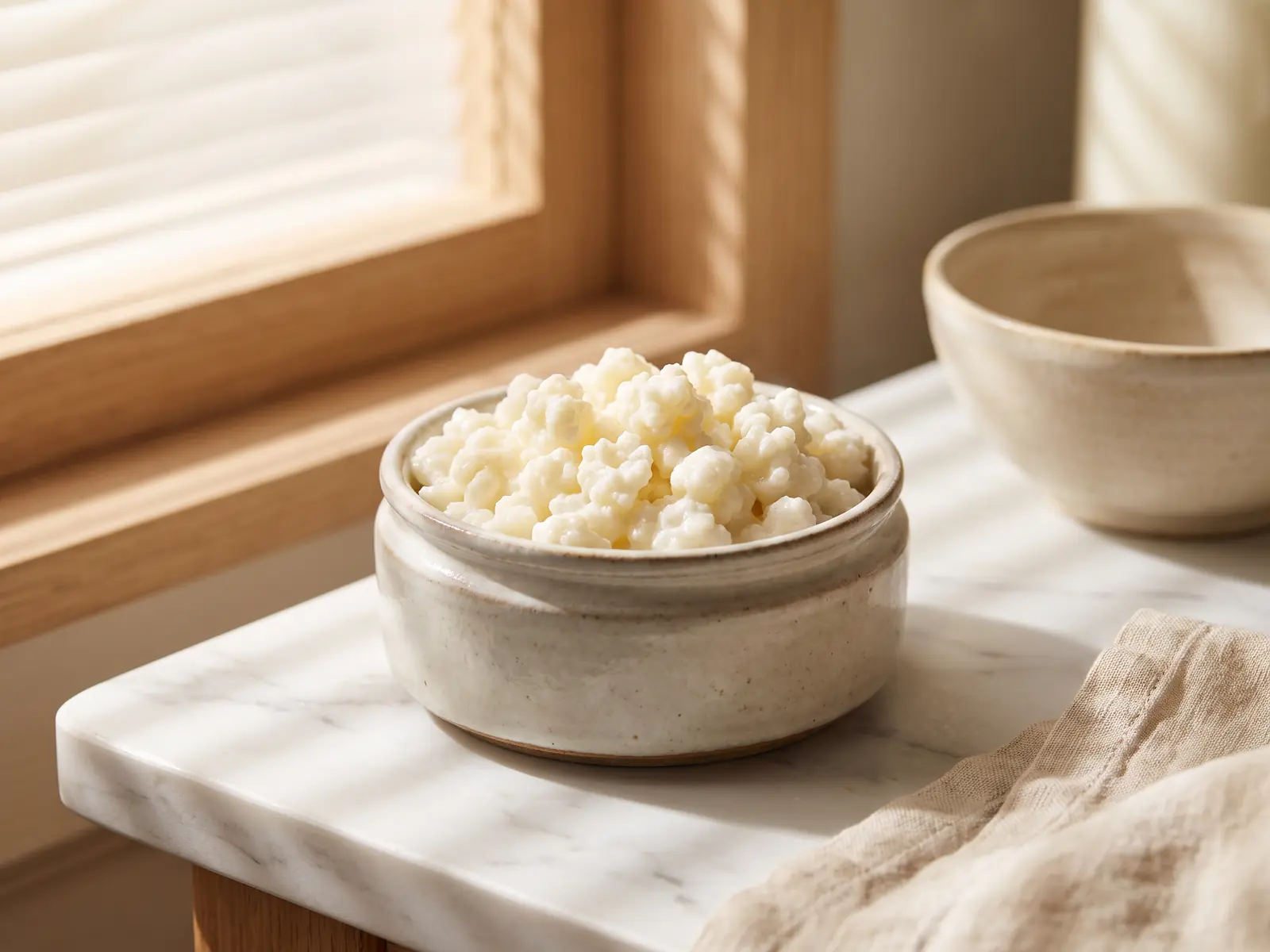 kefir caucaso Tarro baixo com grãos de kefir de leite sobre mármore branco, sob sombras de persiana e luz suave.