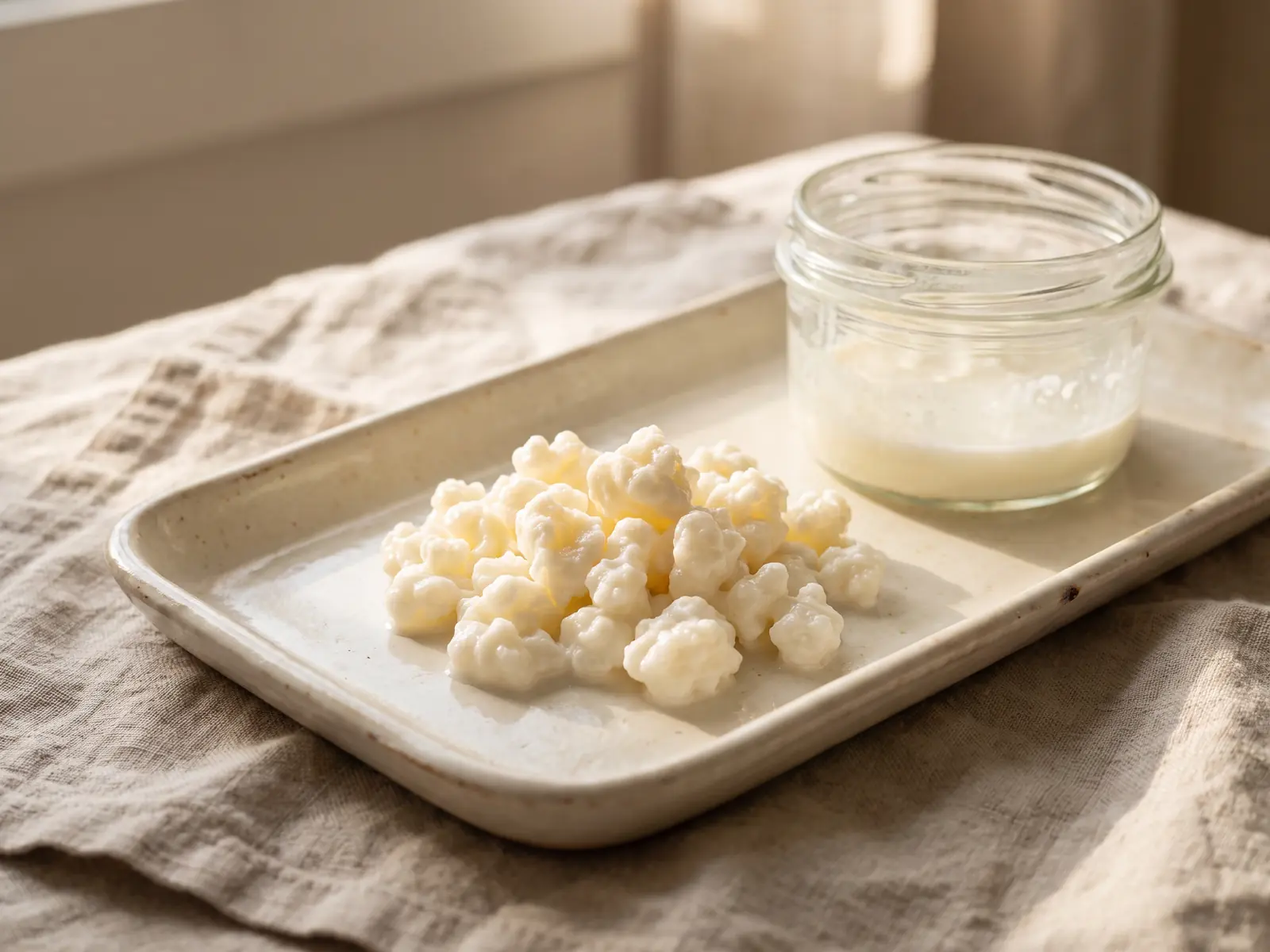 coador para kefir Bandeja de cerâmica com grãos de kefir, frasco aberto e luz suave sobre tecido de linho.